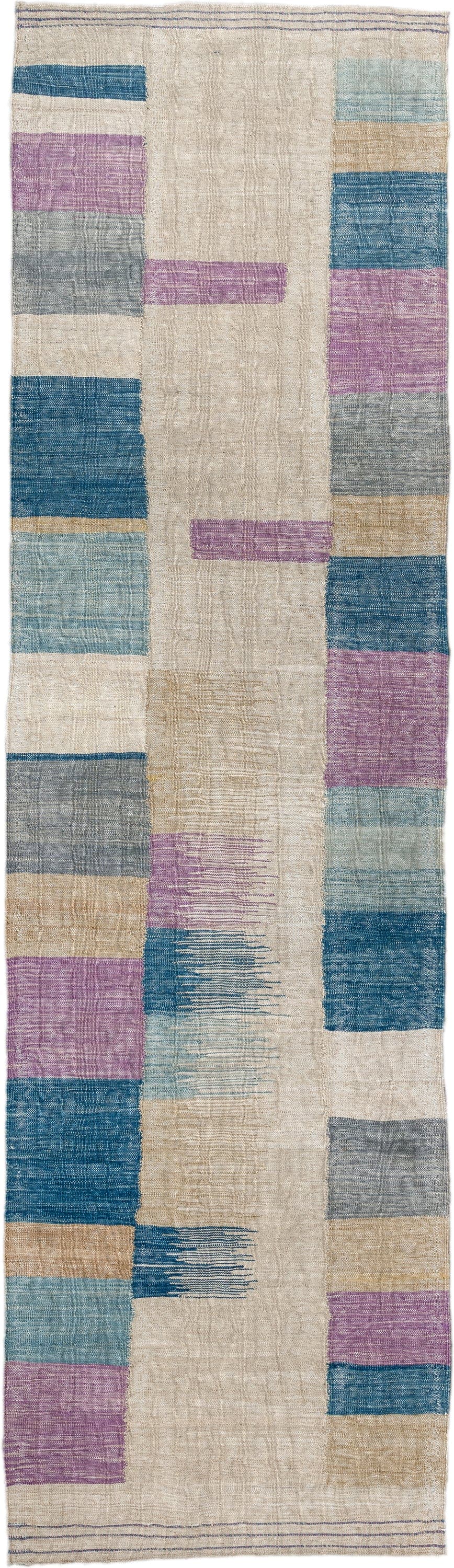 2' x 9' one-of-a-kind handmade vintage Kilim runner rug. Color palette: ivory, blue, lavender, light_blue, gray, beige