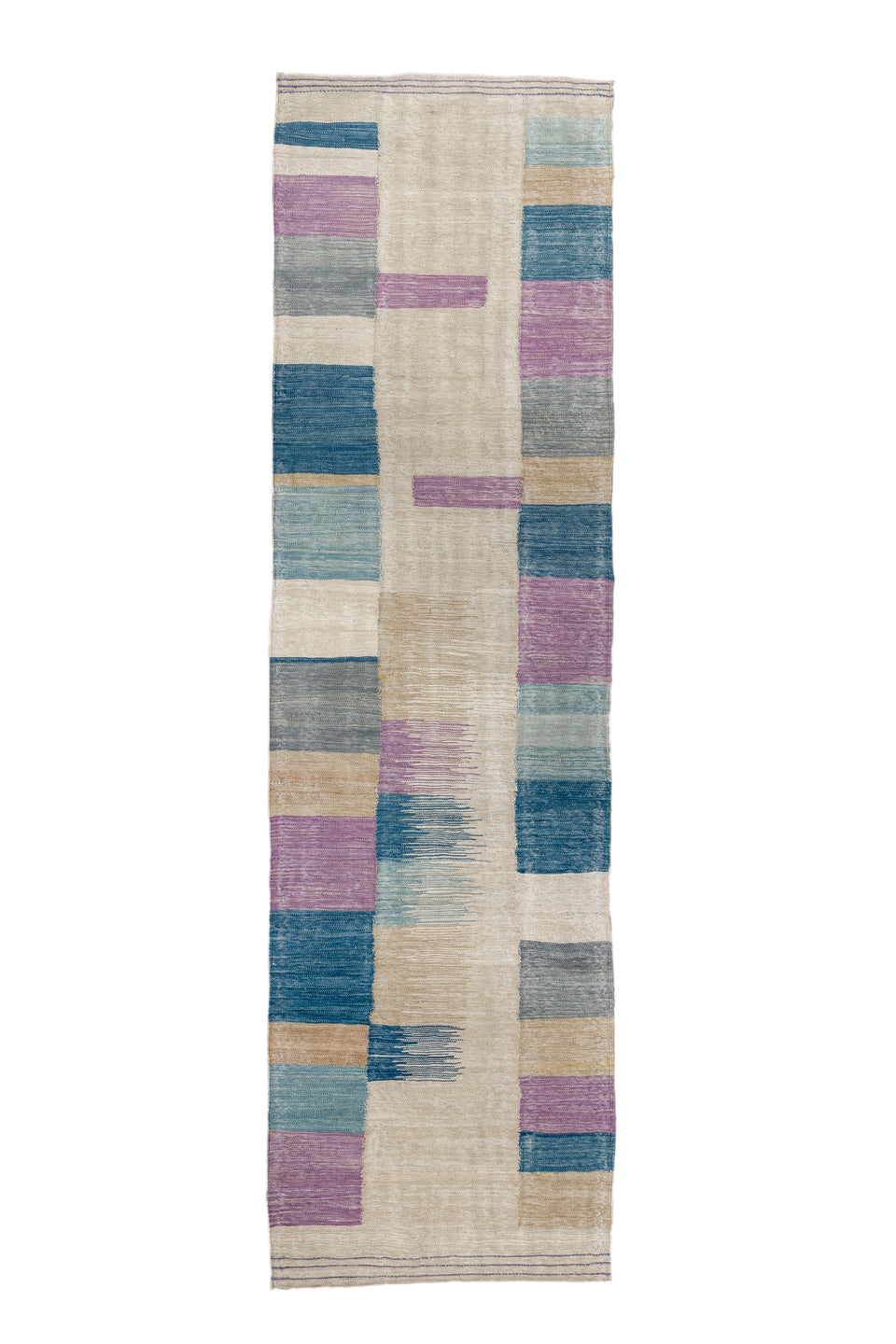 2' x 9' one-of-a-kind handmade vintage Kilim runner rug. Color palette: blue, brown, dark gray, dim gray, gray, light gray