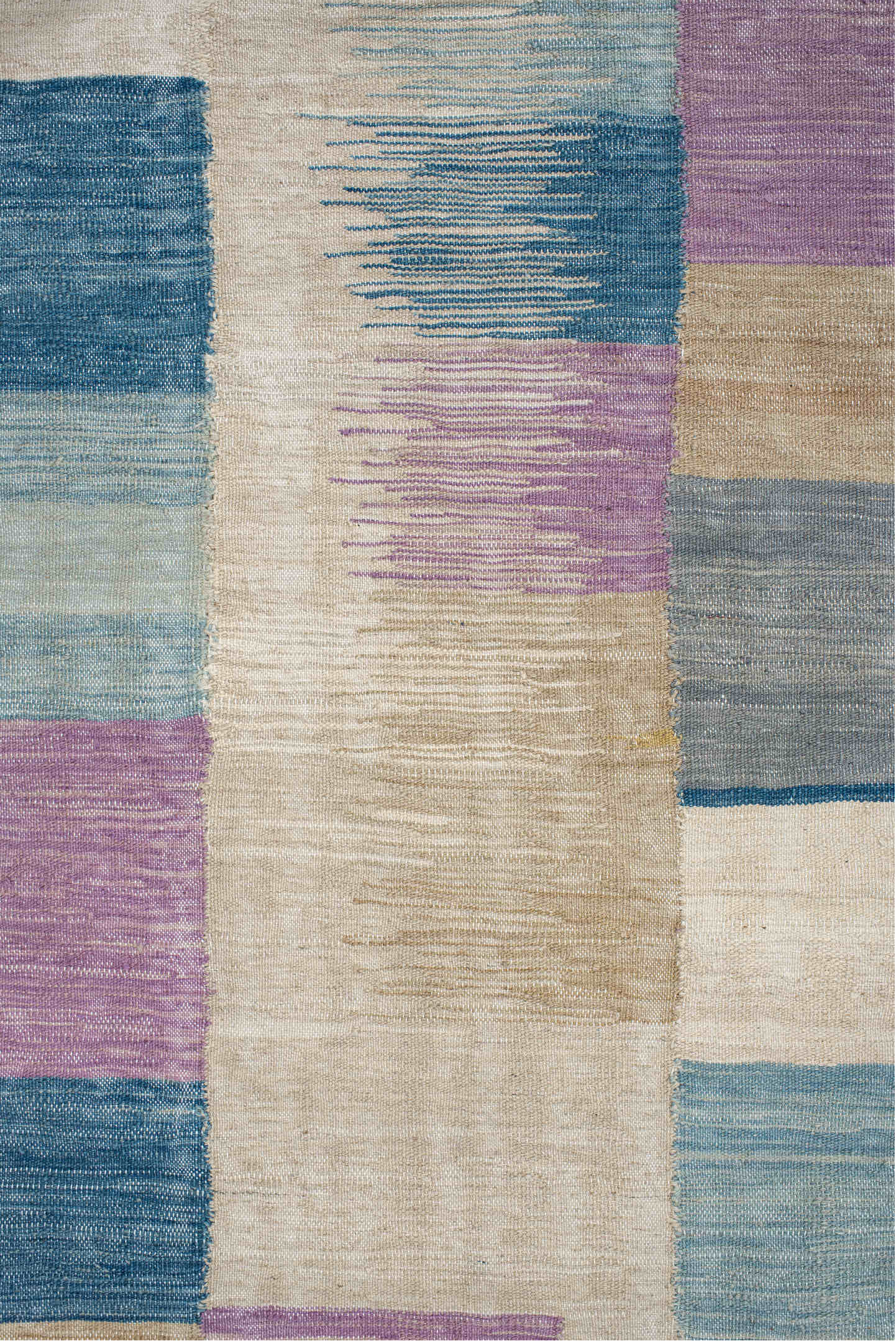 2' x 9' one-of-a-kind handmade vintage Kilim runner rug. Color palette: ivory, blue, lavender, light_blue, gray, beige