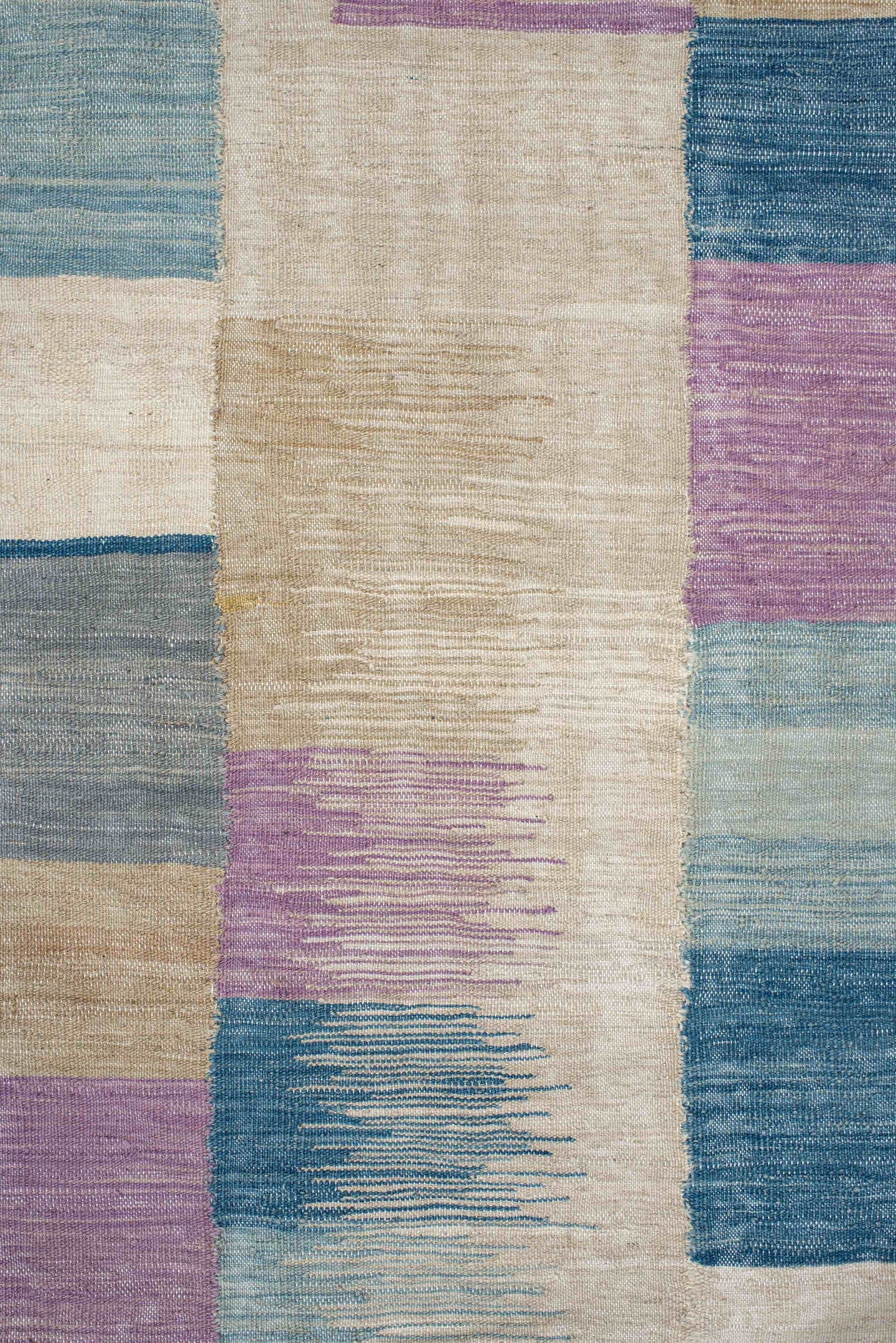 2' x 9' one-of-a-kind handmade vintage Kilim runner rug. Color palette: ivory, blue, lavender, light_blue, gray, beige