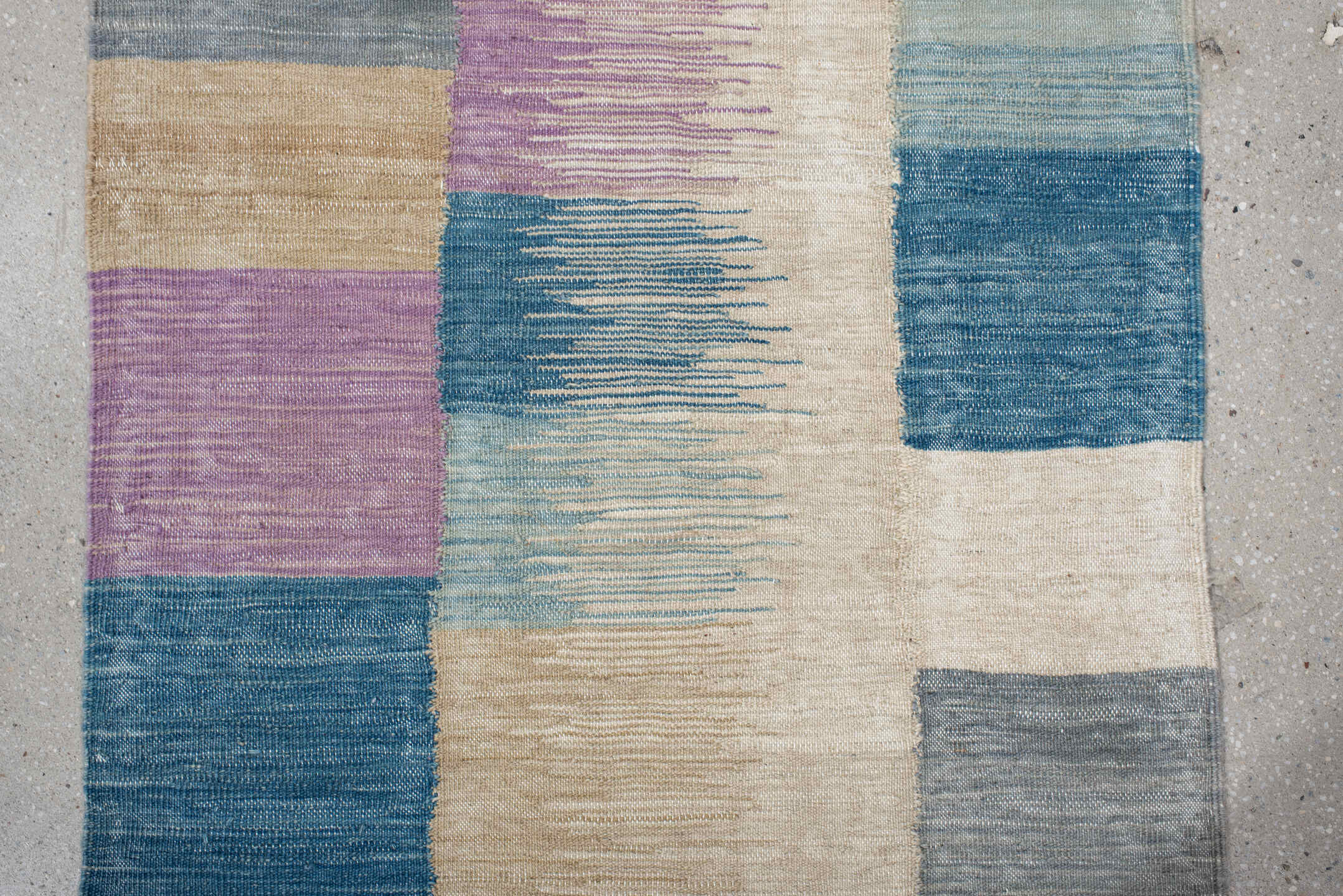 2' x 9' one-of-a-kind handmade vintage Kilim runner rug. Color palette: blue, brown, dark gray, dim gray, gray, light gray