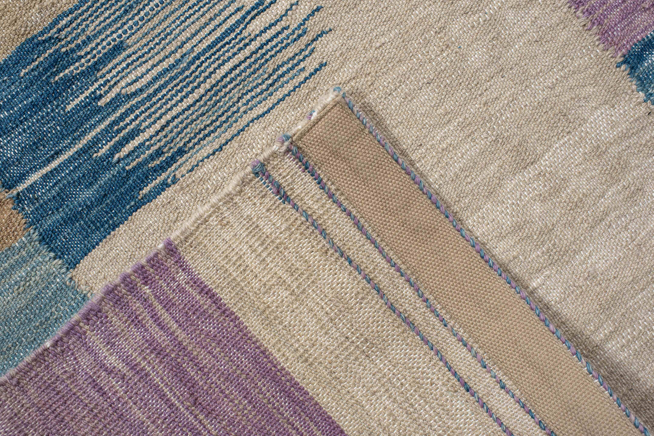 2' x 9' one-of-a-kind handmade vintage Kilim runner rug. Color palette: ivory, blue, lavender, light_blue, gray, beige