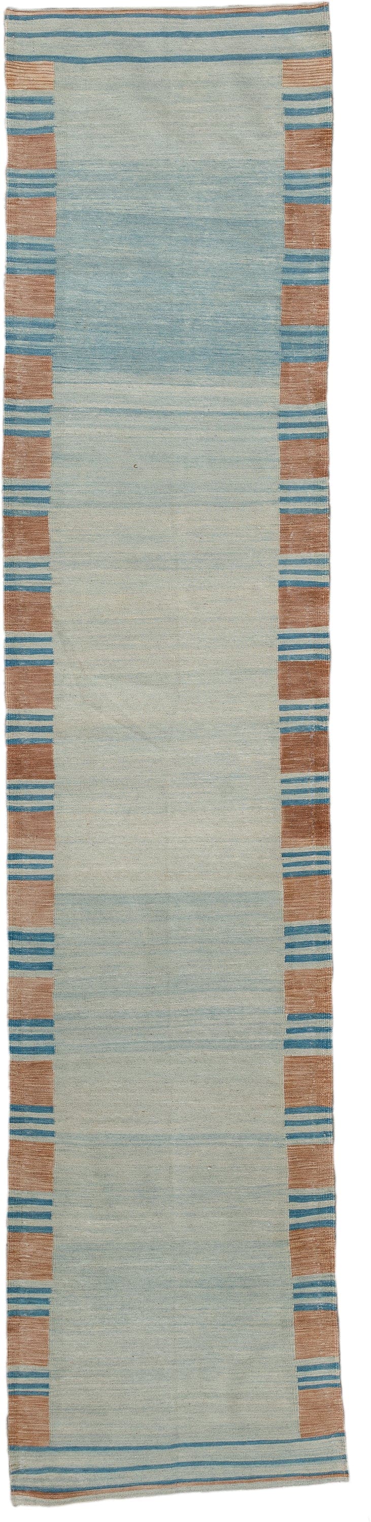 2' x 11' one-of-a-kind handmade vintage Kilim runner rug. Color palette: aqua, ivory, turquoise, camel, teal, beige