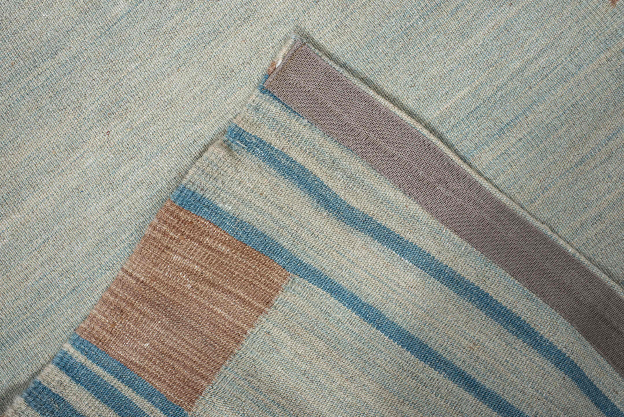 2' x 11' one-of-a-kind handmade vintage Kilim runner rug. Color palette: blue, brown, dim gray, gray, light gray