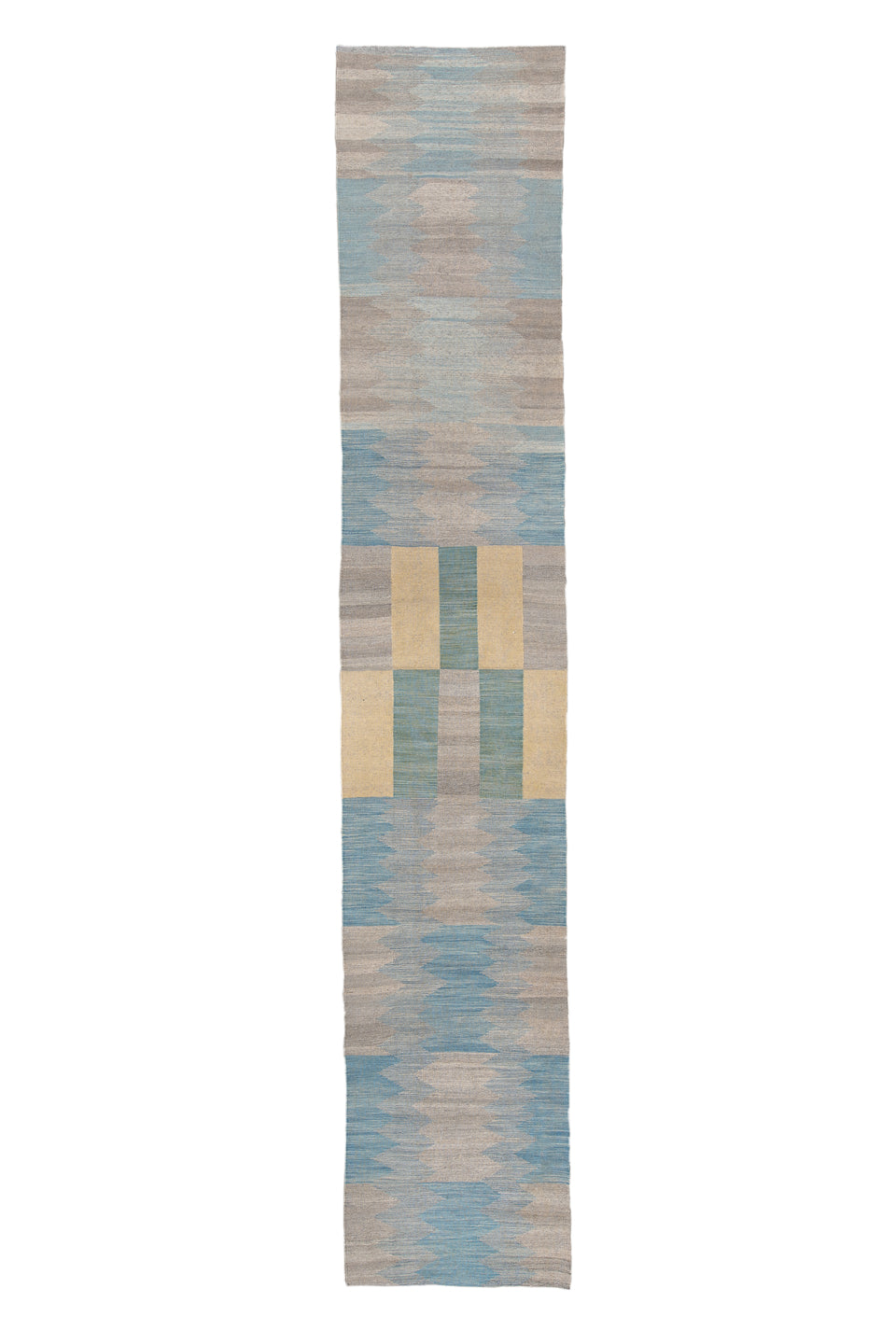 2' x 15' one-of-a-kind handmade vintage Kilim runner rug. Color palette: blue, brown, dark gray, gray, light gray, off-white