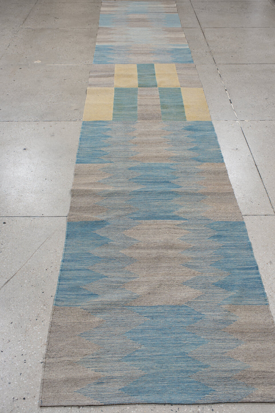 2' x 15' one-of-a-kind handmade vintage Kilim runner rug. Color palette: taupe, sky blue, cream, pale gold, beige, gray