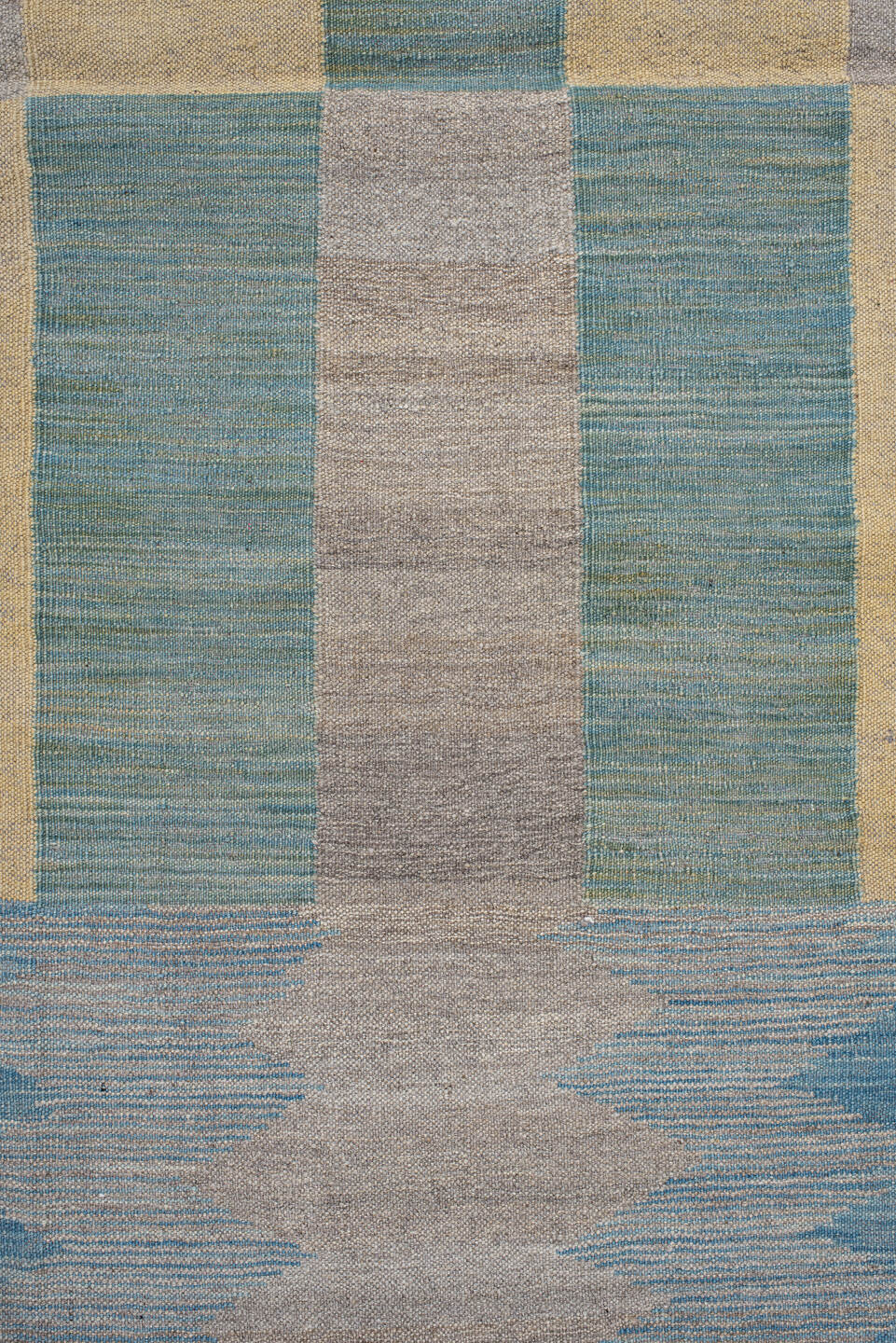 2' x 15' one-of-a-kind handmade vintage Kilim runner rug. Color palette: blue, brown, dark gray, gray, light gray, off-white
