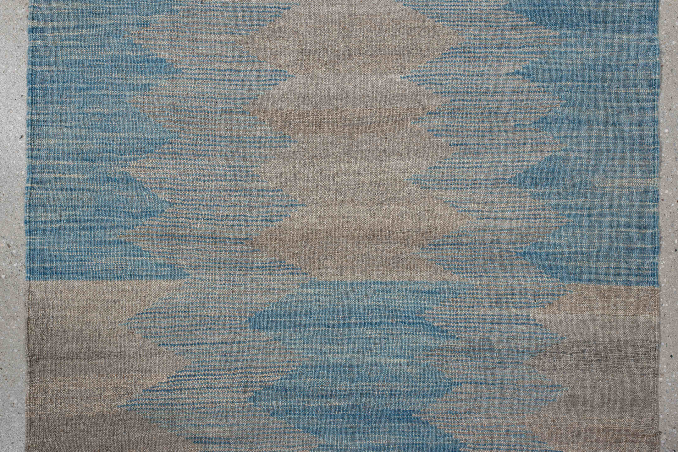 2' x 15' one-of-a-kind handmade vintage Kilim runner rug. Color palette: blue, brown, dark gray, gray, light gray, off-white