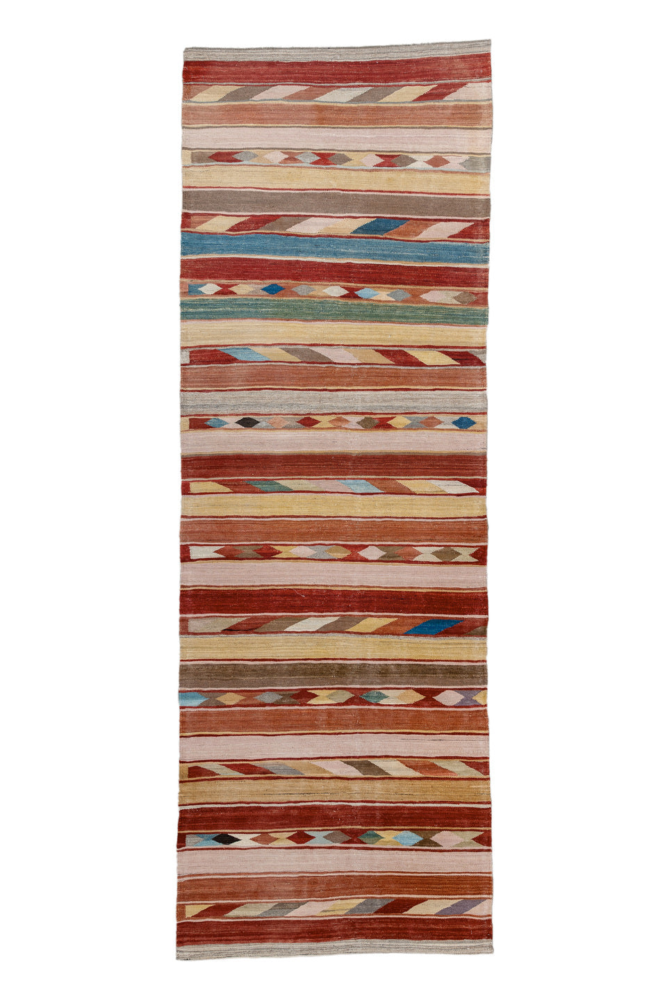 3' x 9' one-of-a-kind handmade vintage Kilim runner rug. Color palette: blue, brown, dim gray, gray, light gray, off-white