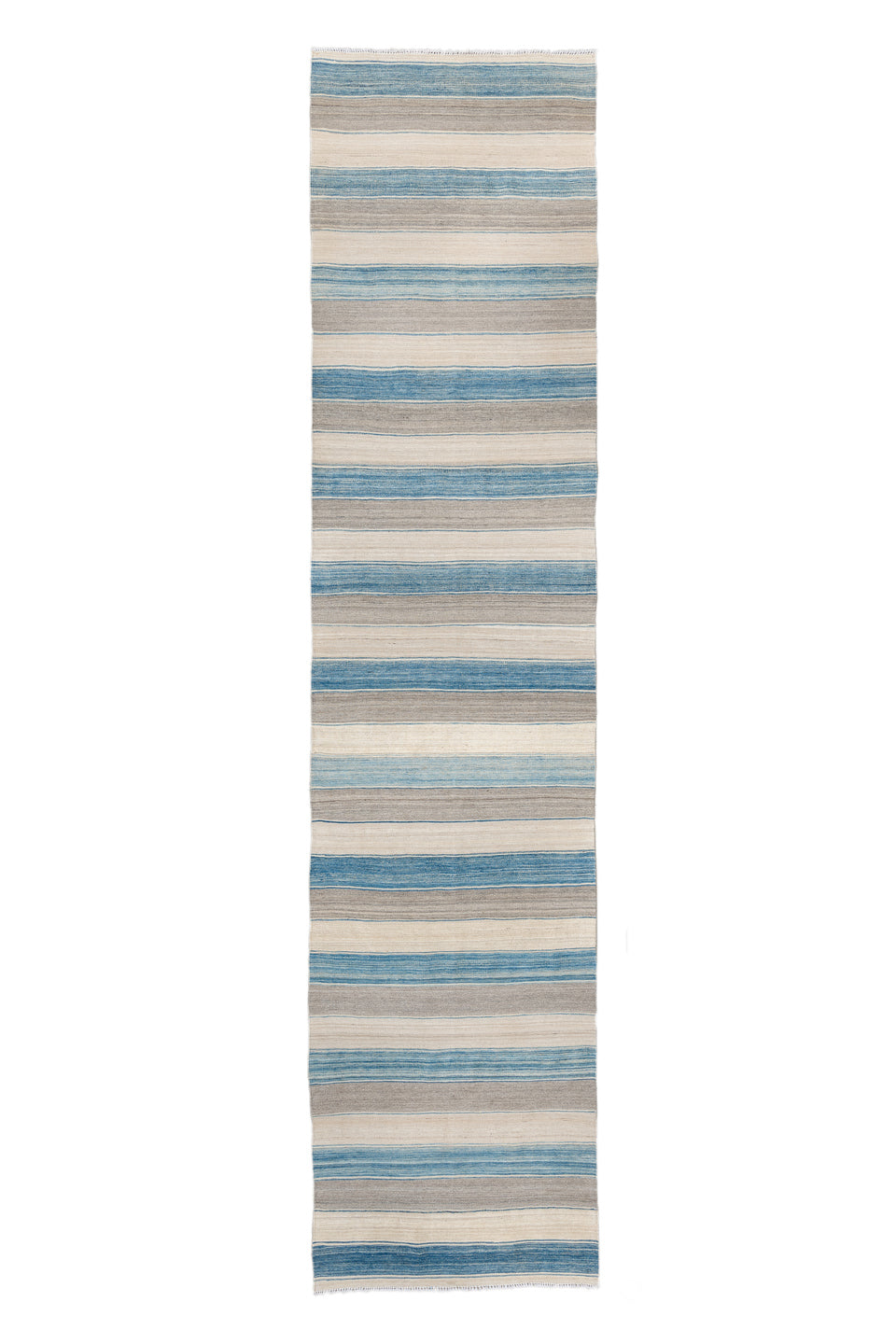 3' x 13' one-of-a-kind handmade vintage Kilim runner rug. Color palette: blue, dark gray, gray, light blue, light gray