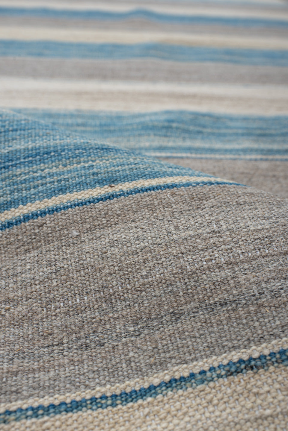 3' x 13' one-of-a-kind handmade vintage Kilim runner rug. Color palette: ivory, sky blue, taupe, cream, light blue, beige