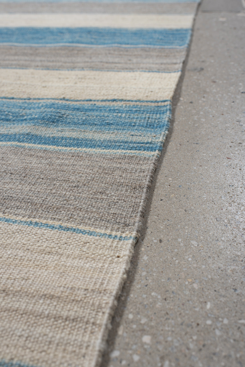 3' x 13' one-of-a-kind handmade vintage Kilim runner rug. Color palette: ivory, sky blue, taupe, cream, light blue, beige