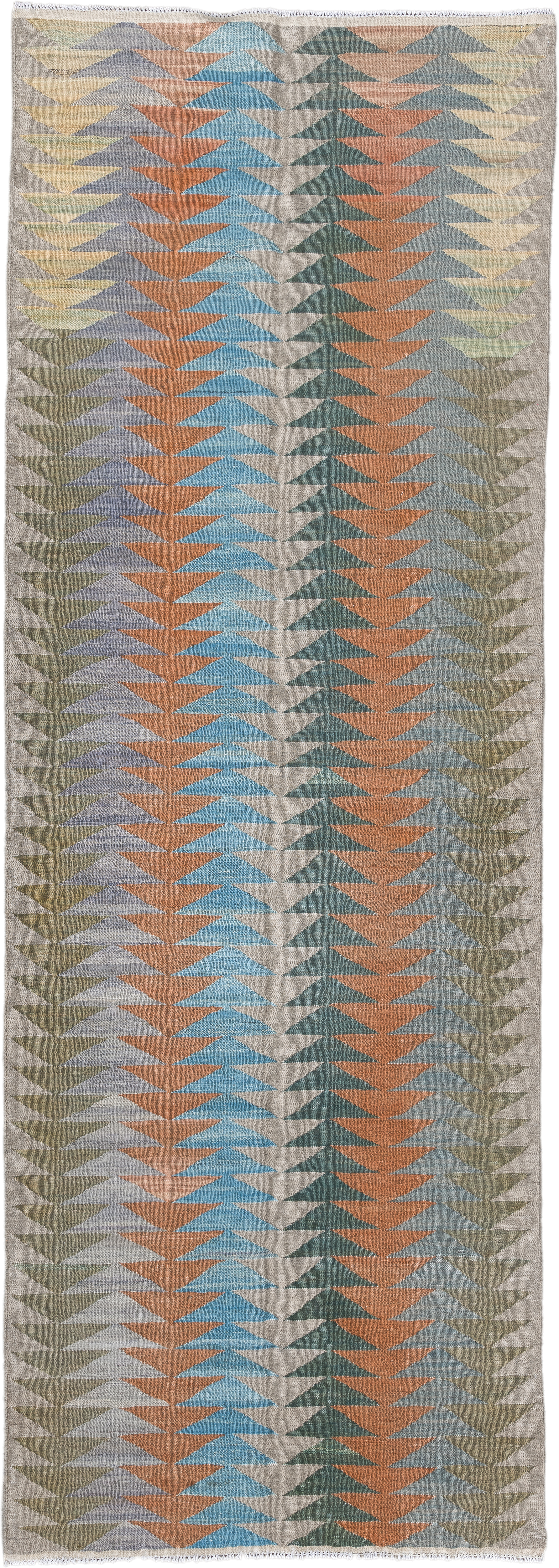 3' x 9' one-of-a-kind handmade vintage Kilim runner rug. Color palette: ivory, sage, sky_blue, terra_cotta, pale_blue, taupe