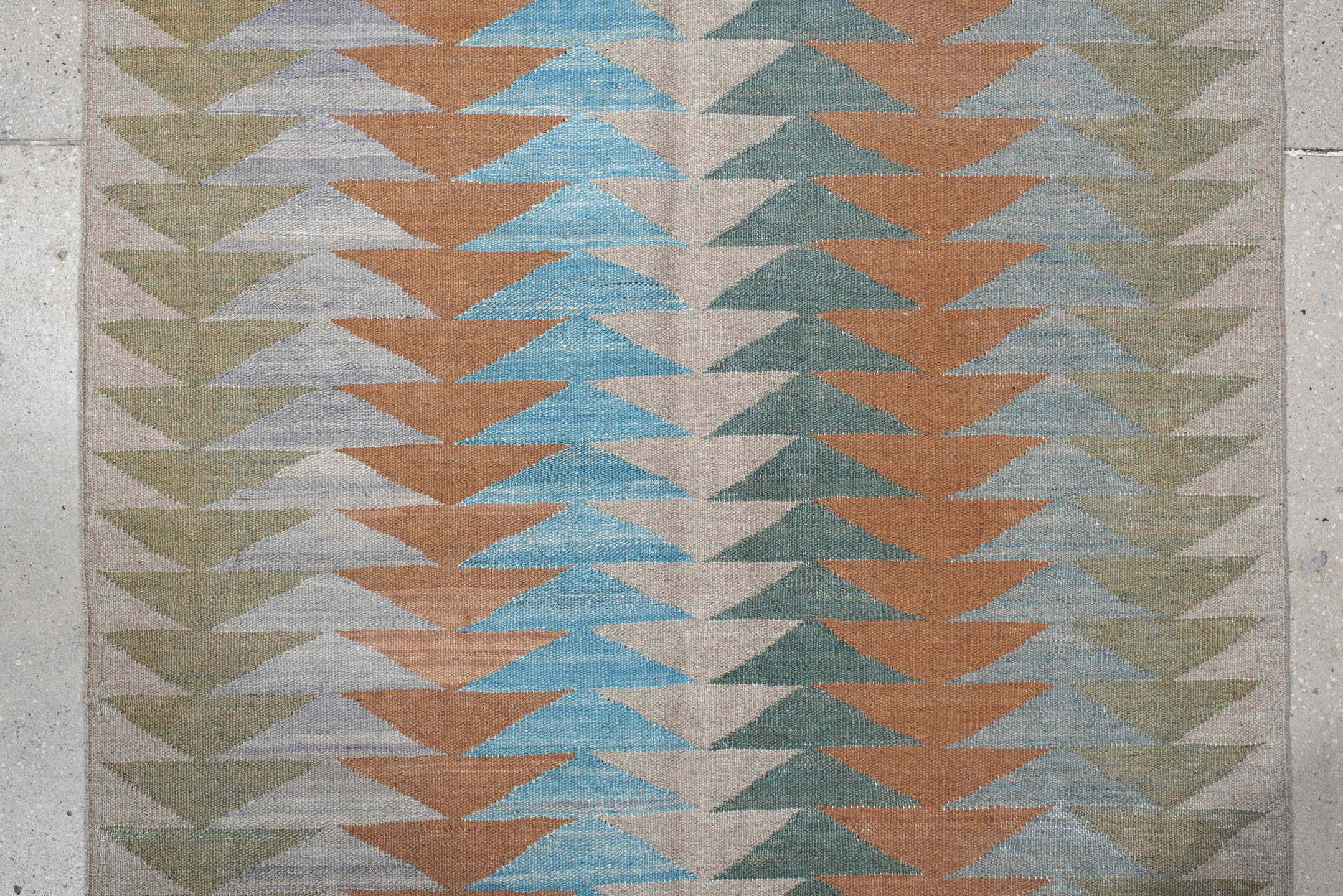 3' x 9' one-of-a-kind handmade vintage Kilim runner rug. Color palette: ivory, sage, sky_blue, terra_cotta, pale_blue, taupe