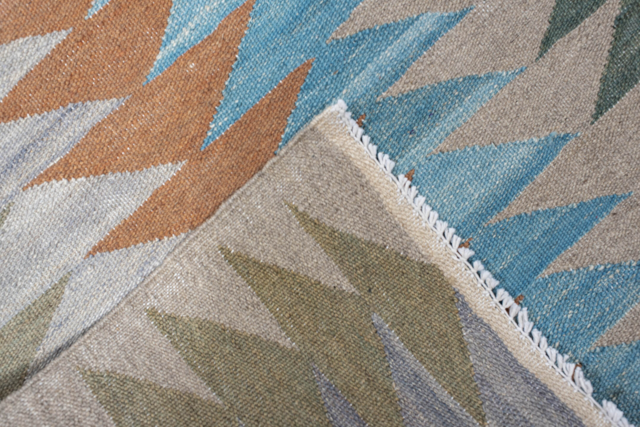 3' x 9' one-of-a-kind handmade vintage Kilim runner rug. Color palette: ivory, sage, sky_blue, terra_cotta, pale_blue, taupe