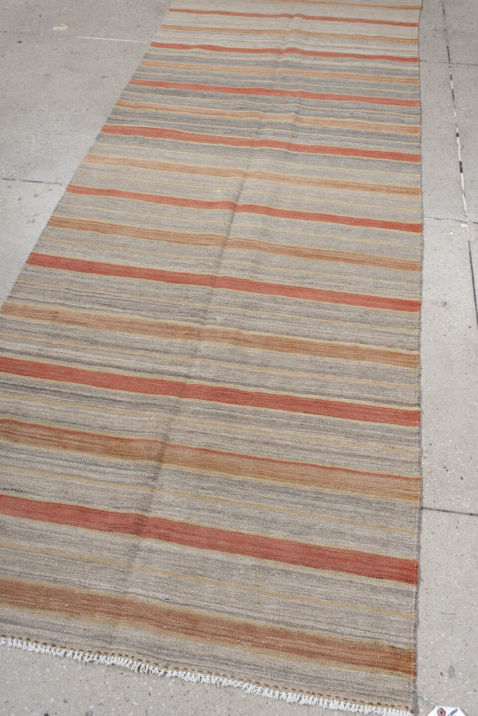 3' x 9' one-of-a-kind handmade vintage Kilim runner rug. Color palette: taupe, gray, rust, camel, ivory, beige, terracotta