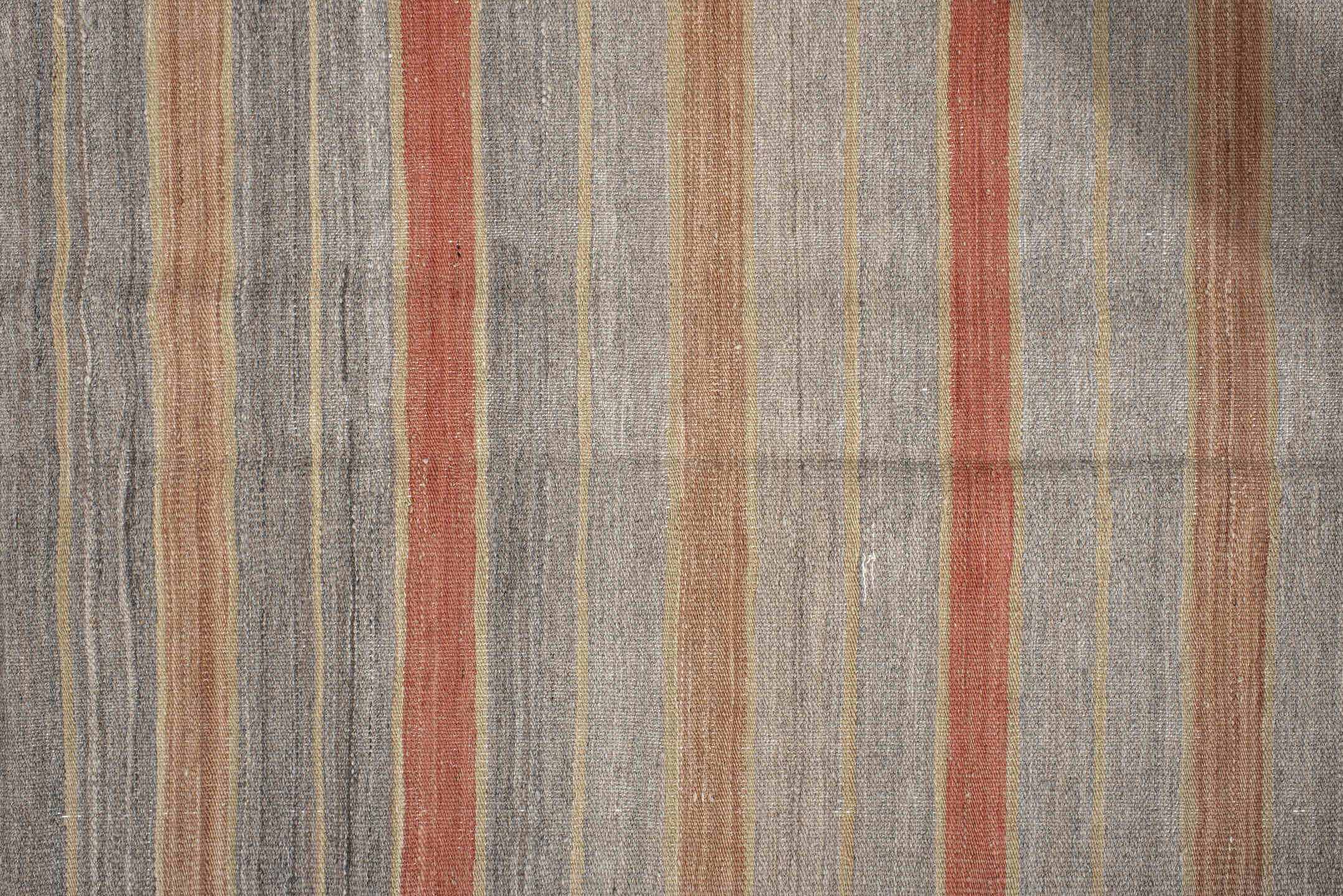3' x 9' one-of-a-kind handmade vintage Kilim runner rug. Color palette: brown, dim gray, gray, light gray, off-white, orange