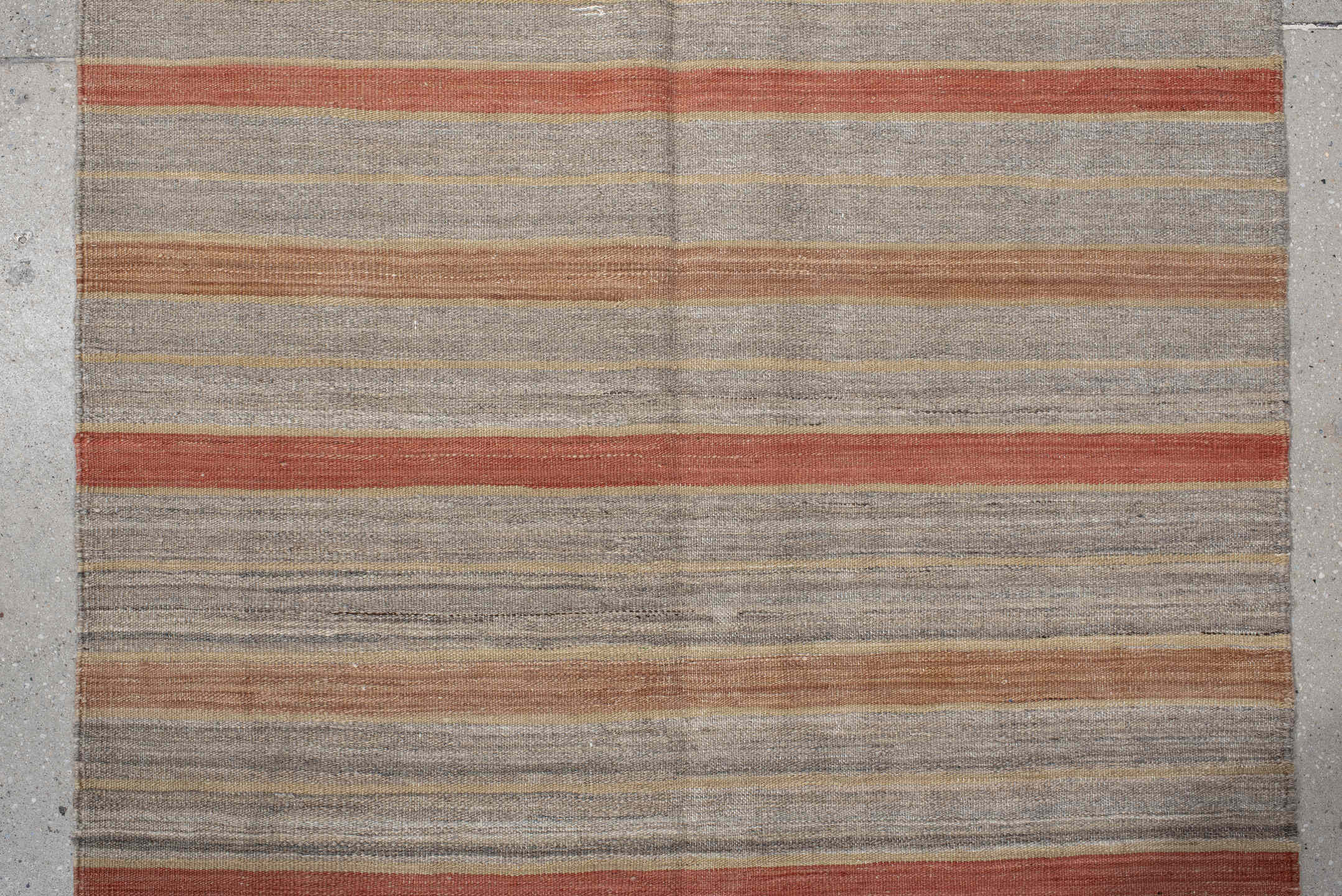 3' x 9' one-of-a-kind handmade vintage Kilim runner rug. Color palette: brown, dim gray, gray, light gray, off-white, orange