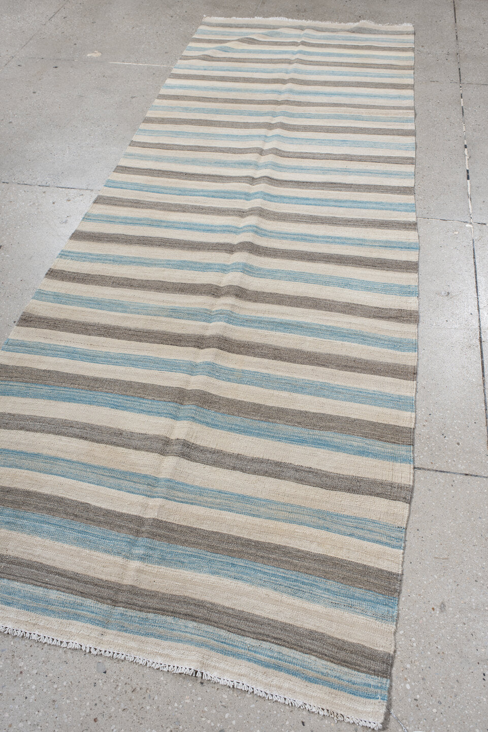 3' x 9' one-of-a-kind handmade vintage Kilim runner rug. Color palette: ivory, charcoal, sky_blue, taupe, gray, black