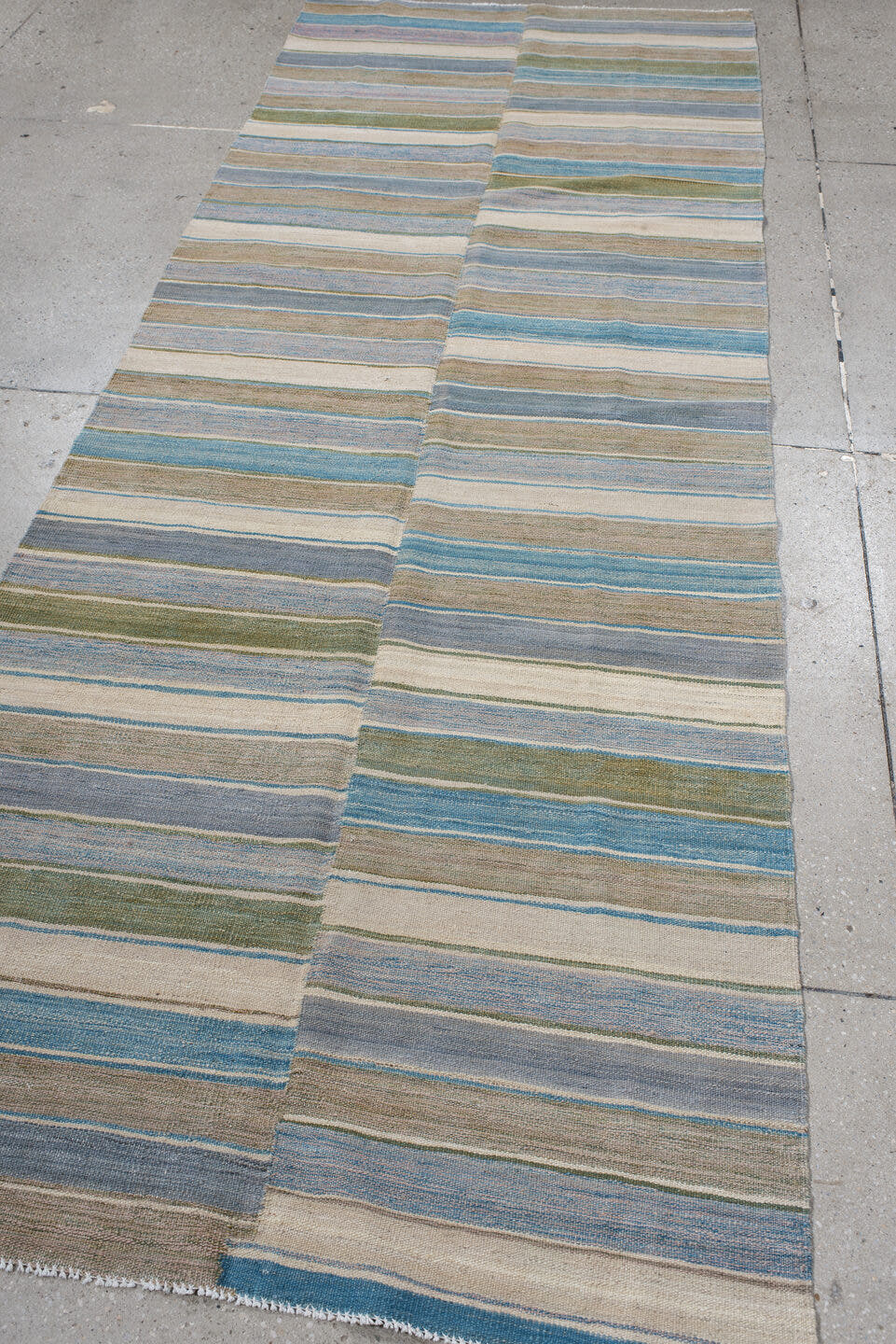 3' x 9' one-of-a-kind handmade vintage Kilim runner rug. Color palette: taupe, ivory, sky blue, slate, olive, rose, beige