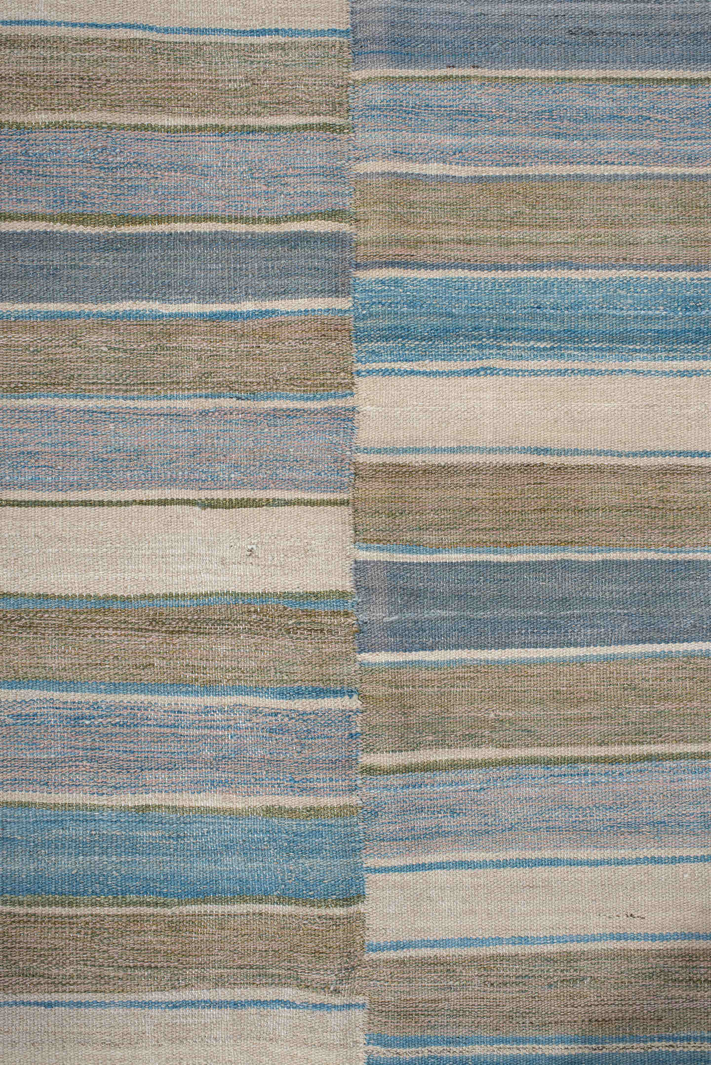 3' x 9' one-of-a-kind handmade vintage Kilim runner rug. Color palette: taupe, ivory, sky blue, slate, olive, rose, beige