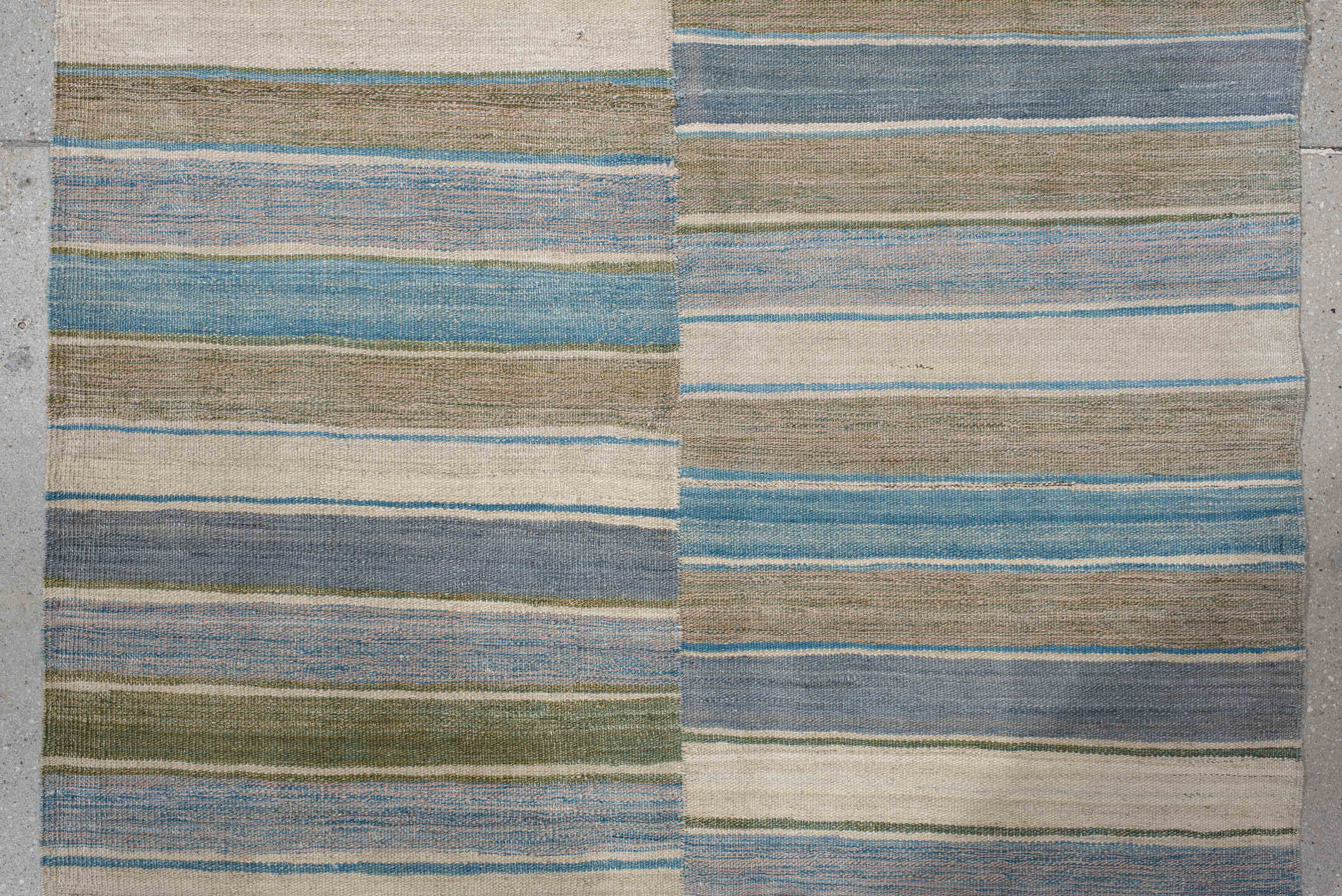 3' x 9' one-of-a-kind handmade vintage Kilim runner rug. Color palette: taupe, ivory, sky blue, slate, olive, rose, beige