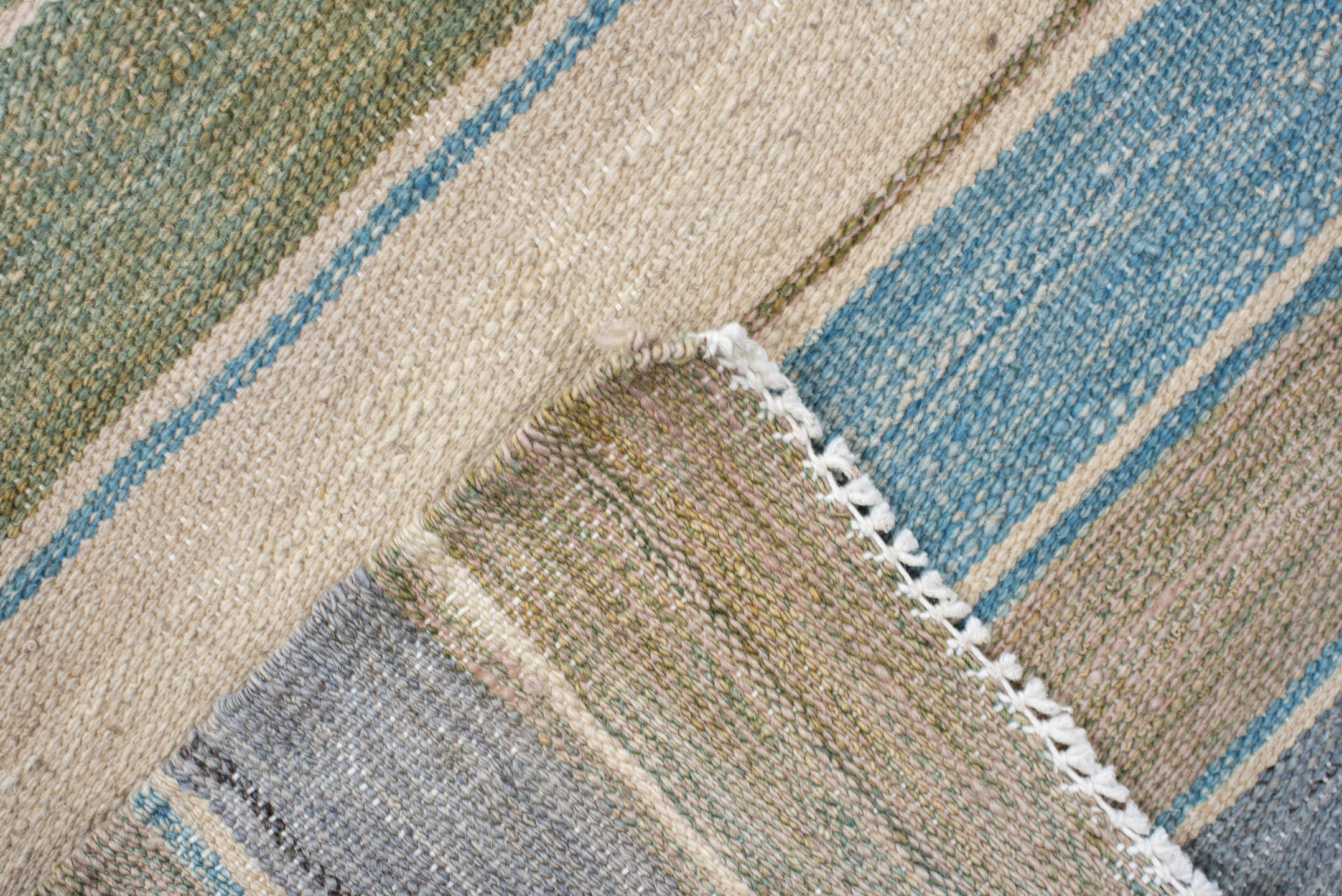 3' x 9' one-of-a-kind handmade vintage Kilim runner rug. Color palette: taupe, ivory, sky blue, slate, olive, rose, beige