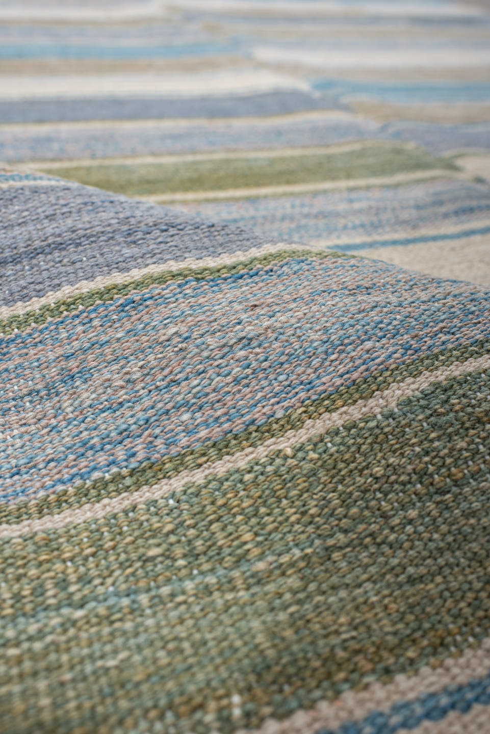 3' x 9' one-of-a-kind handmade vintage Kilim runner rug. Color palette: taupe, ivory, sky blue, slate, olive, rose, beige