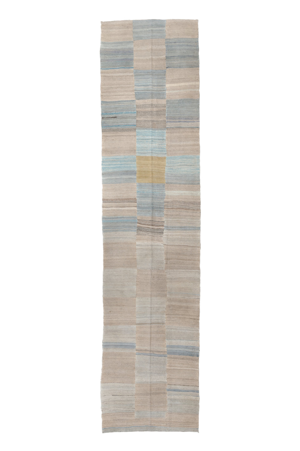 3' x 13' one-of-a-kind handmade vintage Kilim runner rug. Color palette: blue, brown, dark gray, gray, light gray
