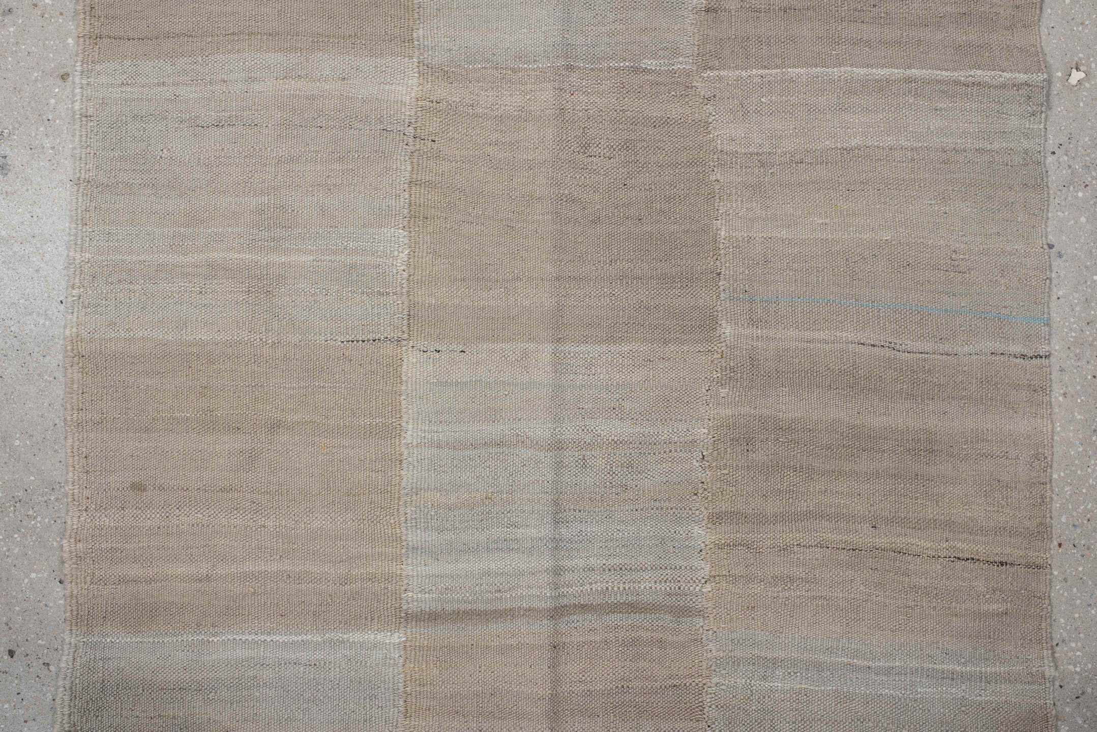 3' x 13' one-of-a-kind handmade vintage Kilim runner rug. Color palette: blue, brown, dark gray, gray, light gray