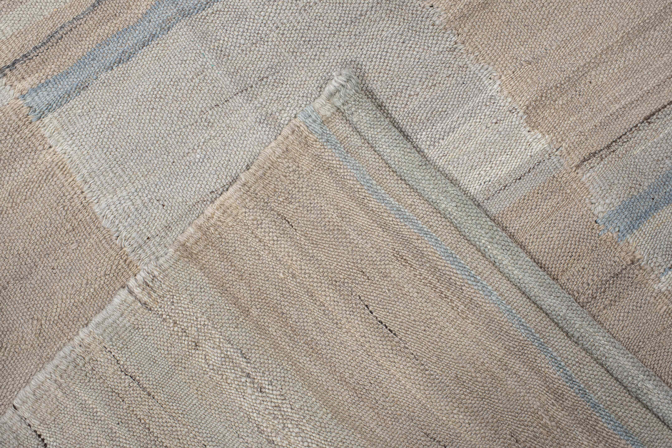 3' x 13' one-of-a-kind handmade vintage Kilim runner rug. Color palette: ivory, beige, pale blue, taupe, cream, sand, gold