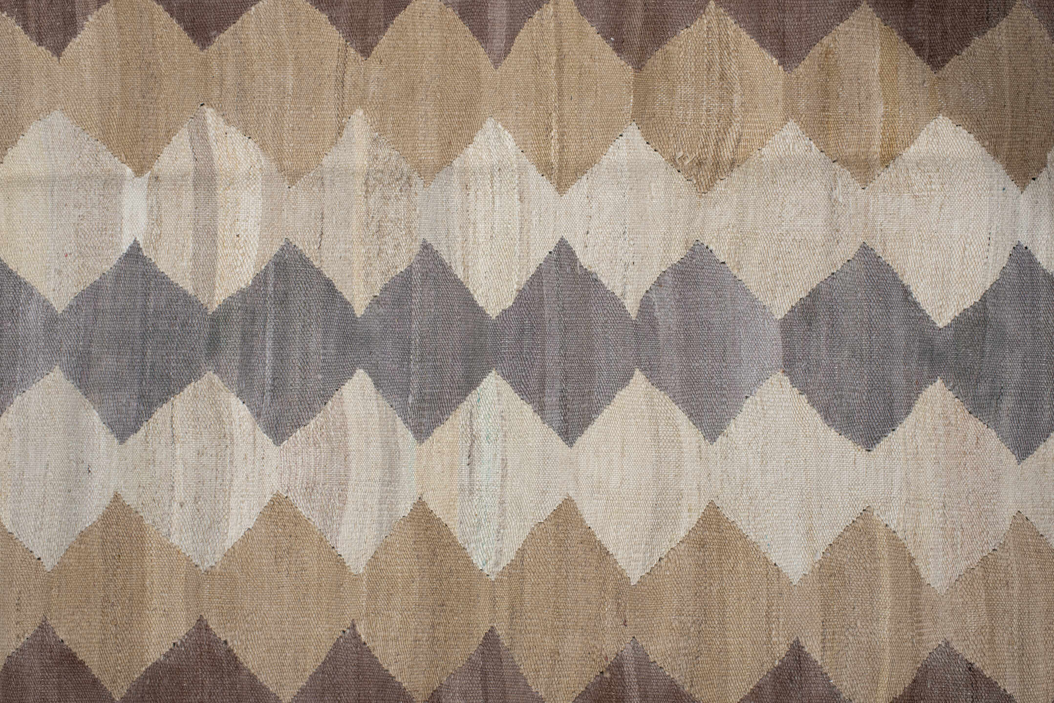 3' x 9' one-of-a-kind handmade vintage Kilim runner rug. Color palette: brown, gray, light gray, off-white, pink