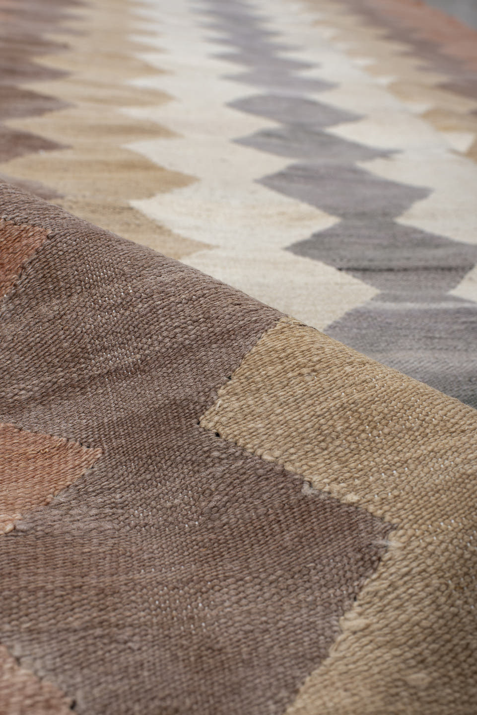 3' x 9' one-of-a-kind handmade vintage Kilim runner rug. Color palette: terra cotta, taupe, ivory, brown, gray, camel