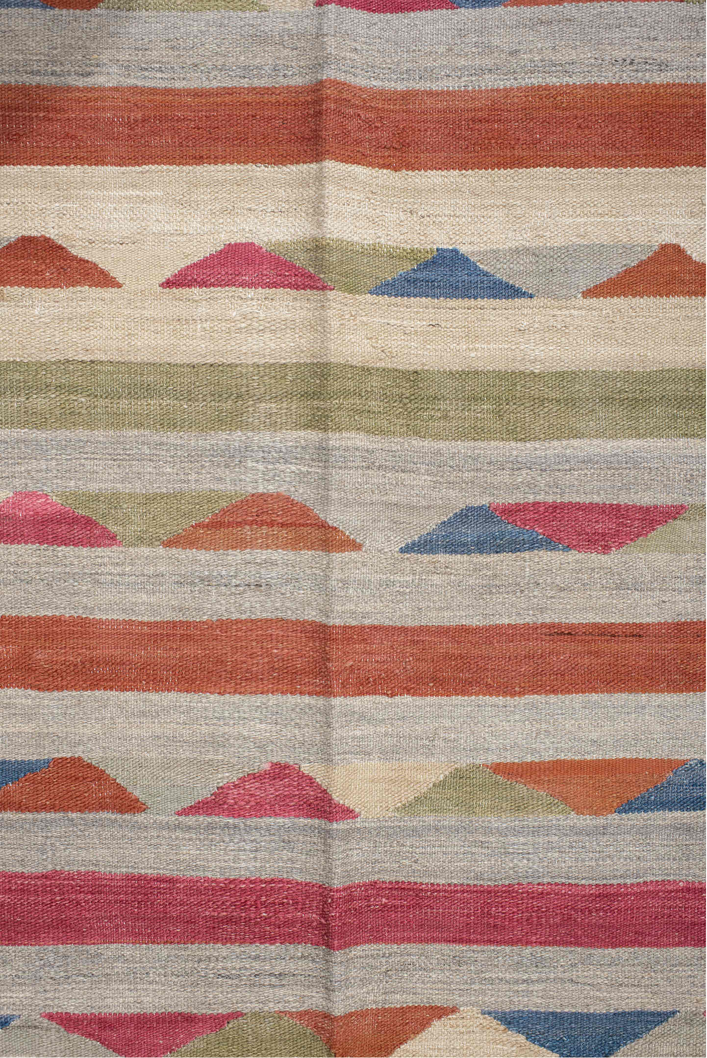 3' x 7' one-of-a-kind handmade vintage Kilim runner rug. Color palette: taupe, rose, ivory, rust, olive, blue, coral, beige