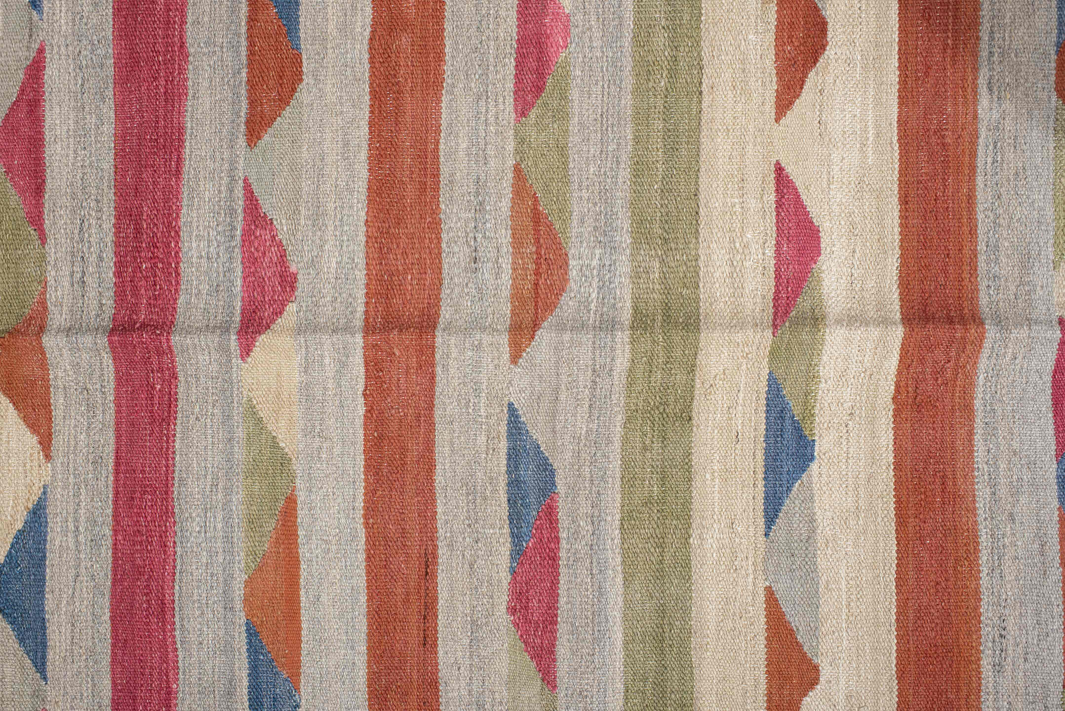 3' x 7' one-of-a-kind handmade vintage Kilim runner rug. Color palette: blue, brown, fiord, gray, light gray, off-white