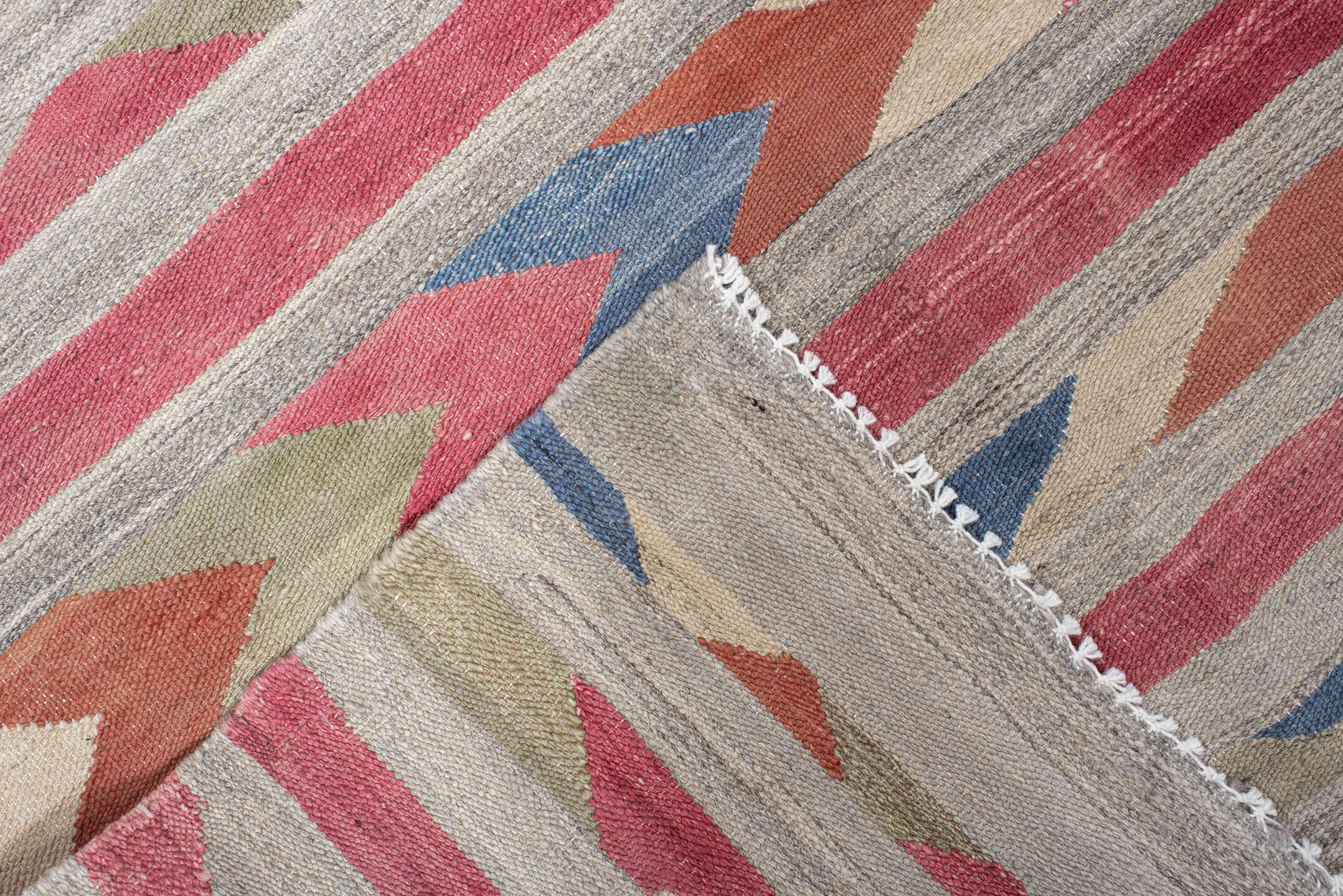 3' x 7' one-of-a-kind handmade vintage Kilim runner rug. Color palette: blue, brown, fiord, gray, light gray, off-white