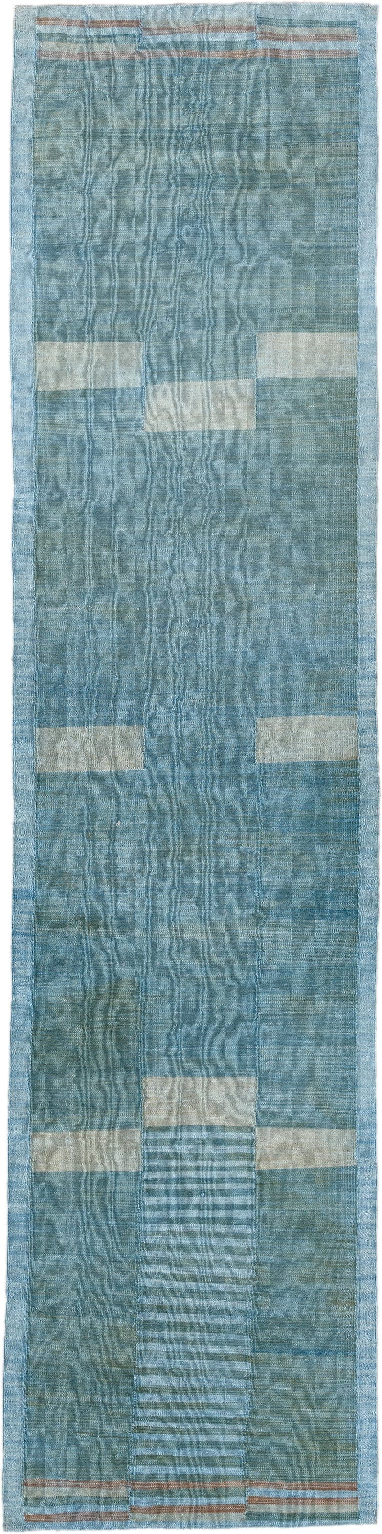 2' x 10' one-of-a-kind handmade vintage Kilim runner rug. Color palette: sky blue, ivory, aqua, taupe, camel, light blue