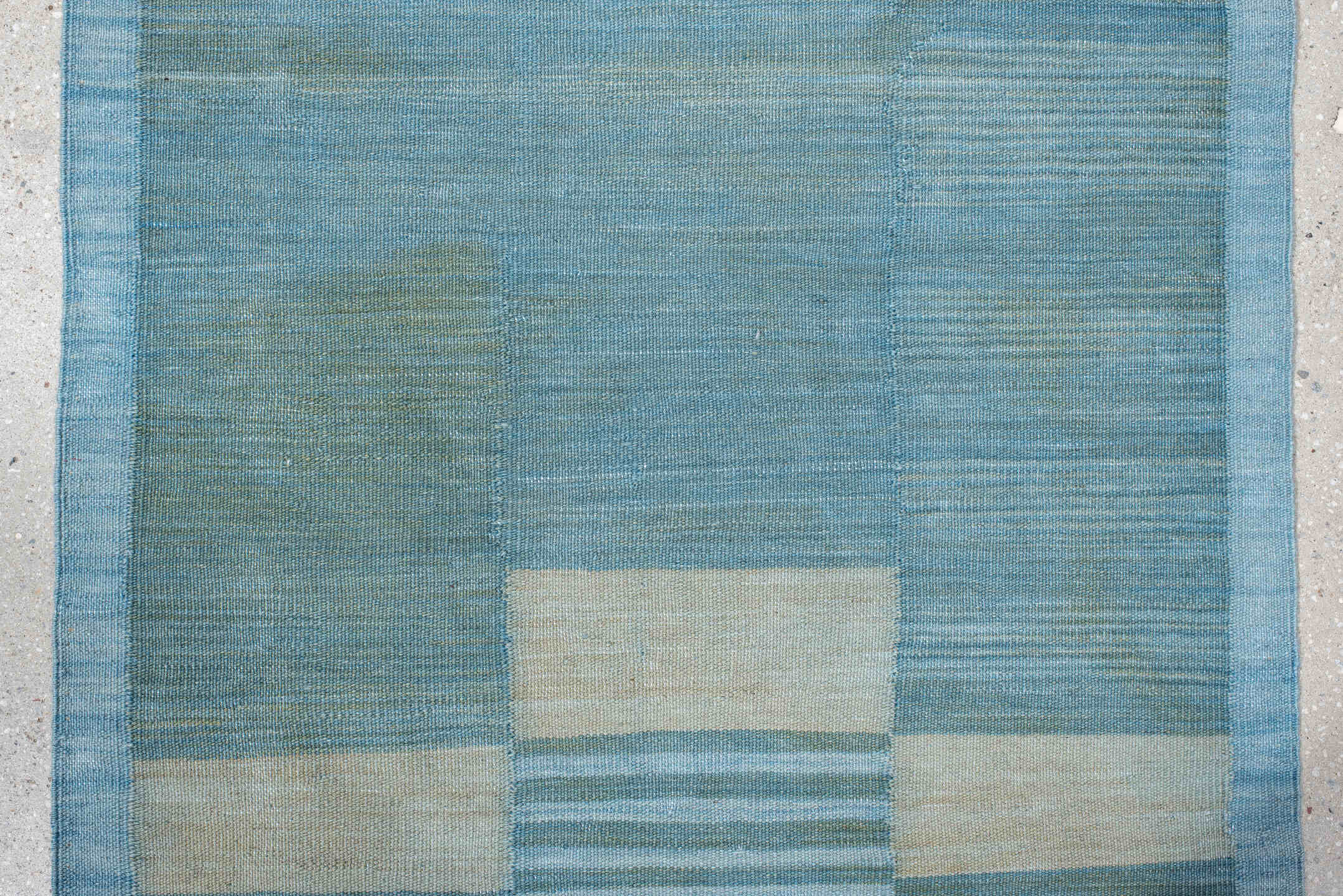 2' x 10' one-of-a-kind handmade vintage Kilim runner rug. Color palette: sky blue, ivory, aqua, taupe, camel, light blue
