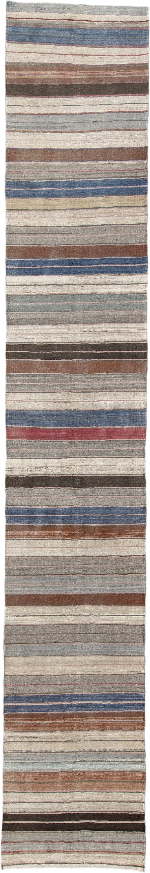 2' x 16' one-of-a-kind handmade vintage Kilim runner rug. Color palette: ivory, gray, blue, brown, taupe, rose, charcoal