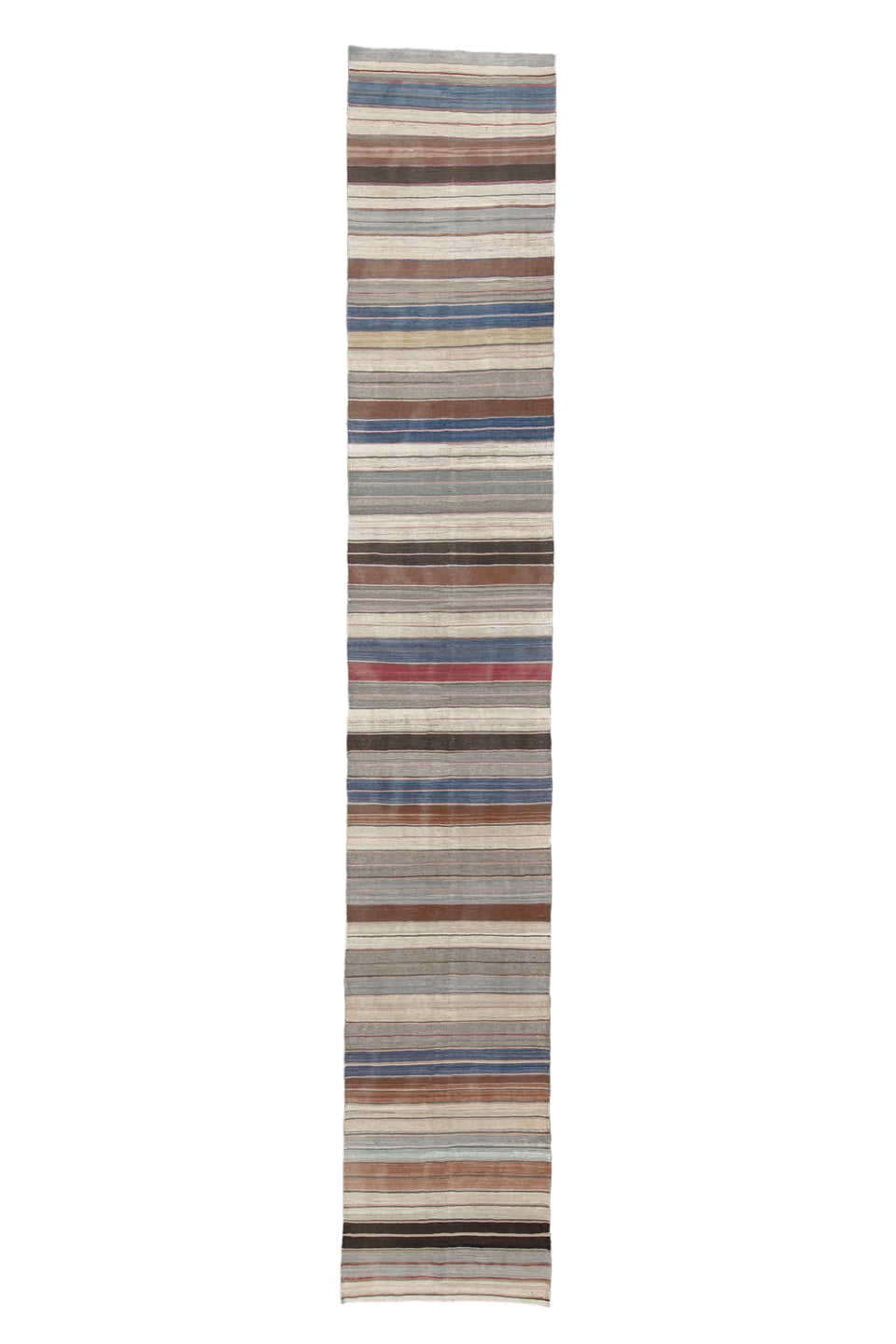 2' x 16' one-of-a-kind handmade vintage Kilim runner rug. Color palette: blue, brown, dark gray, fiord, gray, light gray
