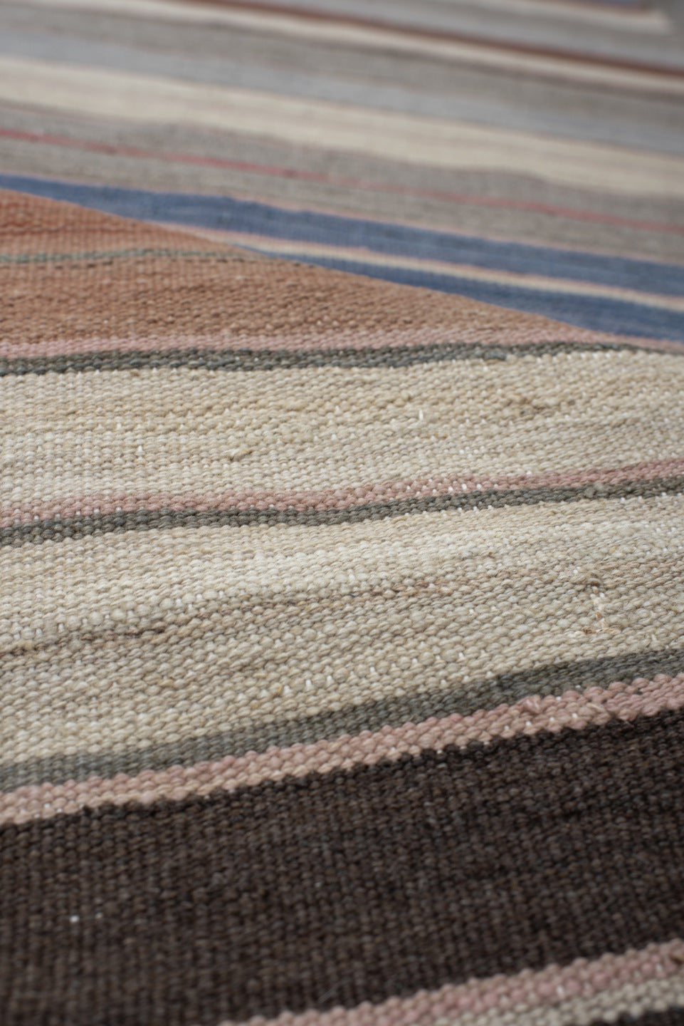 2' x 16' one-of-a-kind handmade vintage Kilim runner rug. Color palette: ivory, gray, blue, brown, taupe, rose, charcoal
