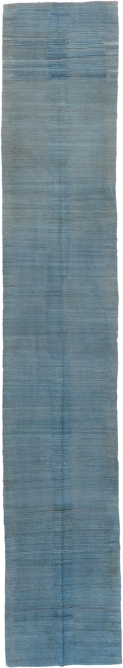 3' x 19' one-of-a-kind handmade vintage Kilim runner rug. Color palette: sky blue, slate, steel blue, light blue, gray, blue