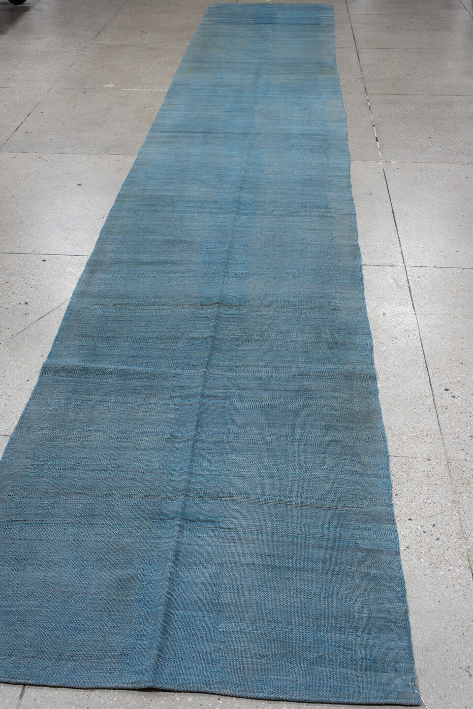 3' x 19' one-of-a-kind handmade vintage Kilim runner rug. Color palette: sky blue, slate, steel blue, light blue, gray, blue