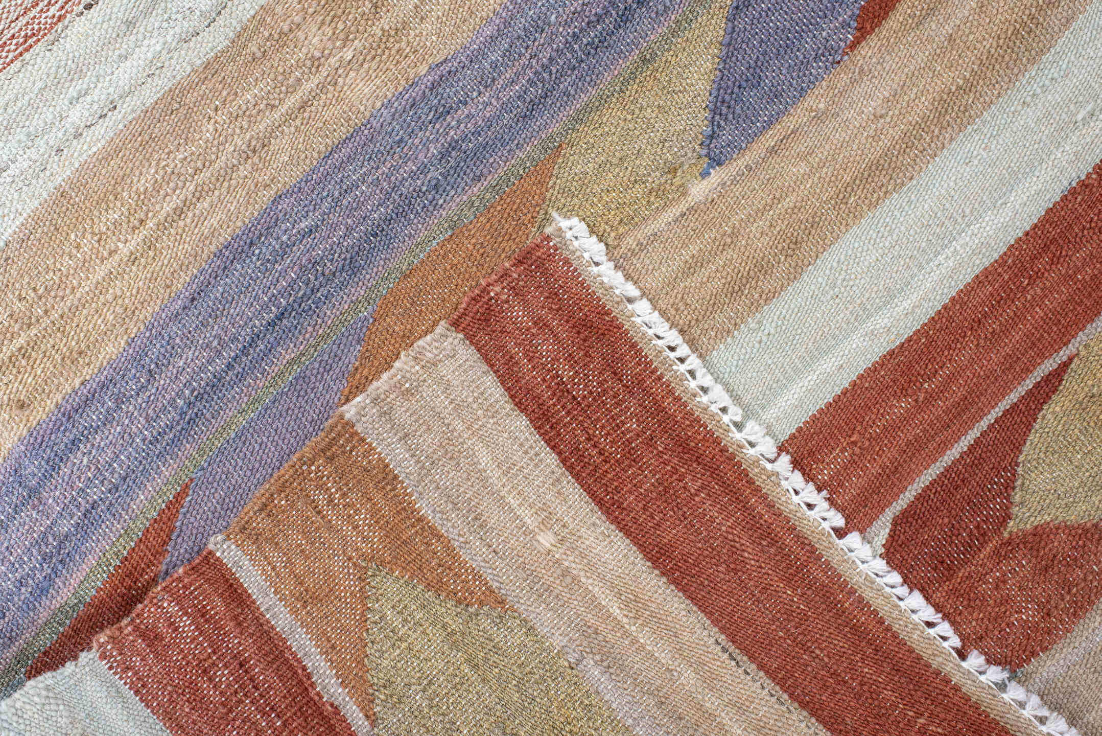 3' x 7' one-of-a-kind handmade vintage Kilim runner rug. Color palette: blue, brown, gray, light gray, off-white, pink, red