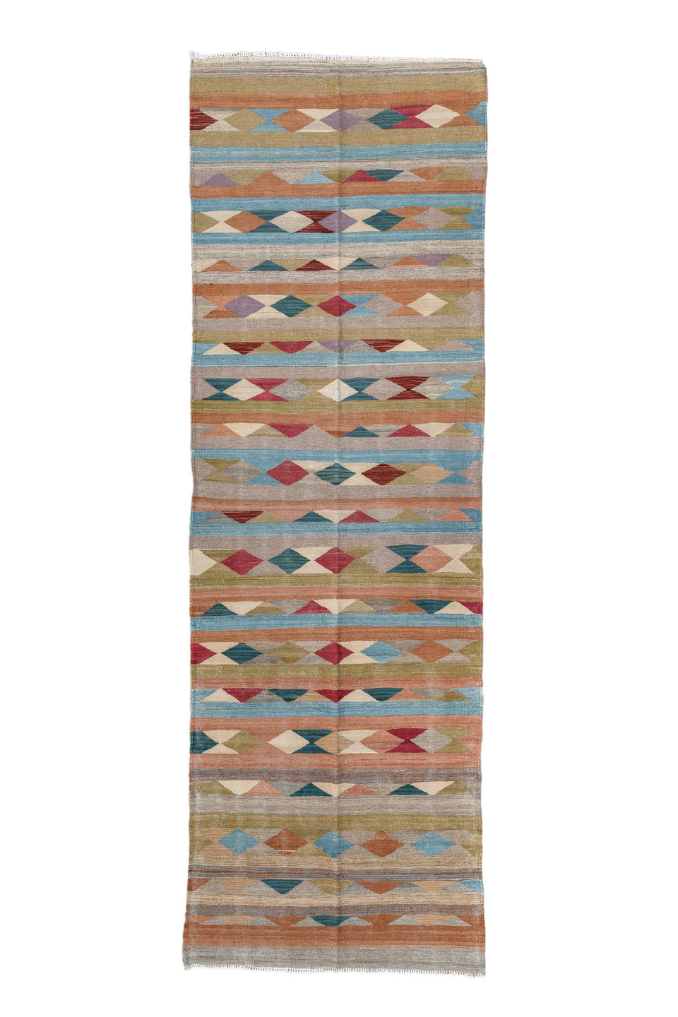 3' x 10' one-of-a-kind handmade vintage Kilim runner rug. Color palette: blue, brown, dark slate gray, gray, light gray