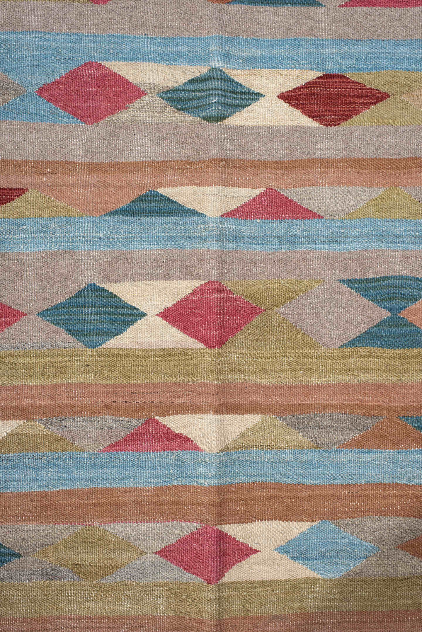 3' x 10' one-of-a-kind handmade vintage Kilim runner rug. Color palette: taupe, sky blue, terra cotta, olive, ivory, rose