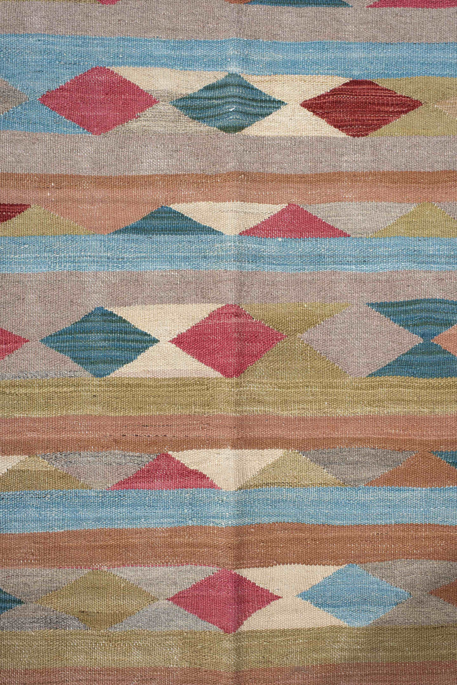 3' x 10' one-of-a-kind handmade vintage Kilim runner rug. Color palette: taupe, sky blue, terra cotta, olive, ivory, rose
