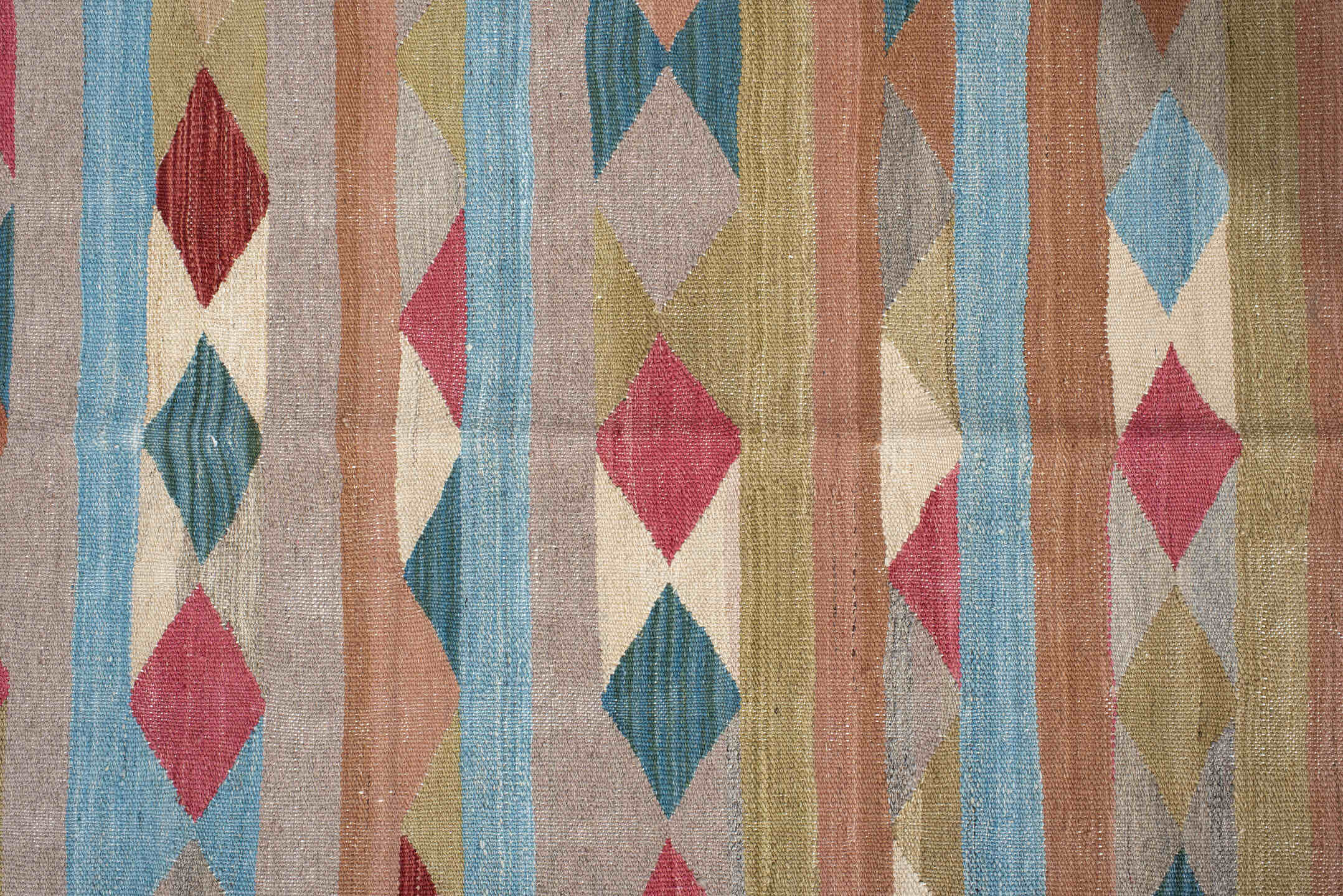3' x 10' one-of-a-kind handmade vintage Kilim runner rug. Color palette: red, brown, gray, light gray, orange, blue