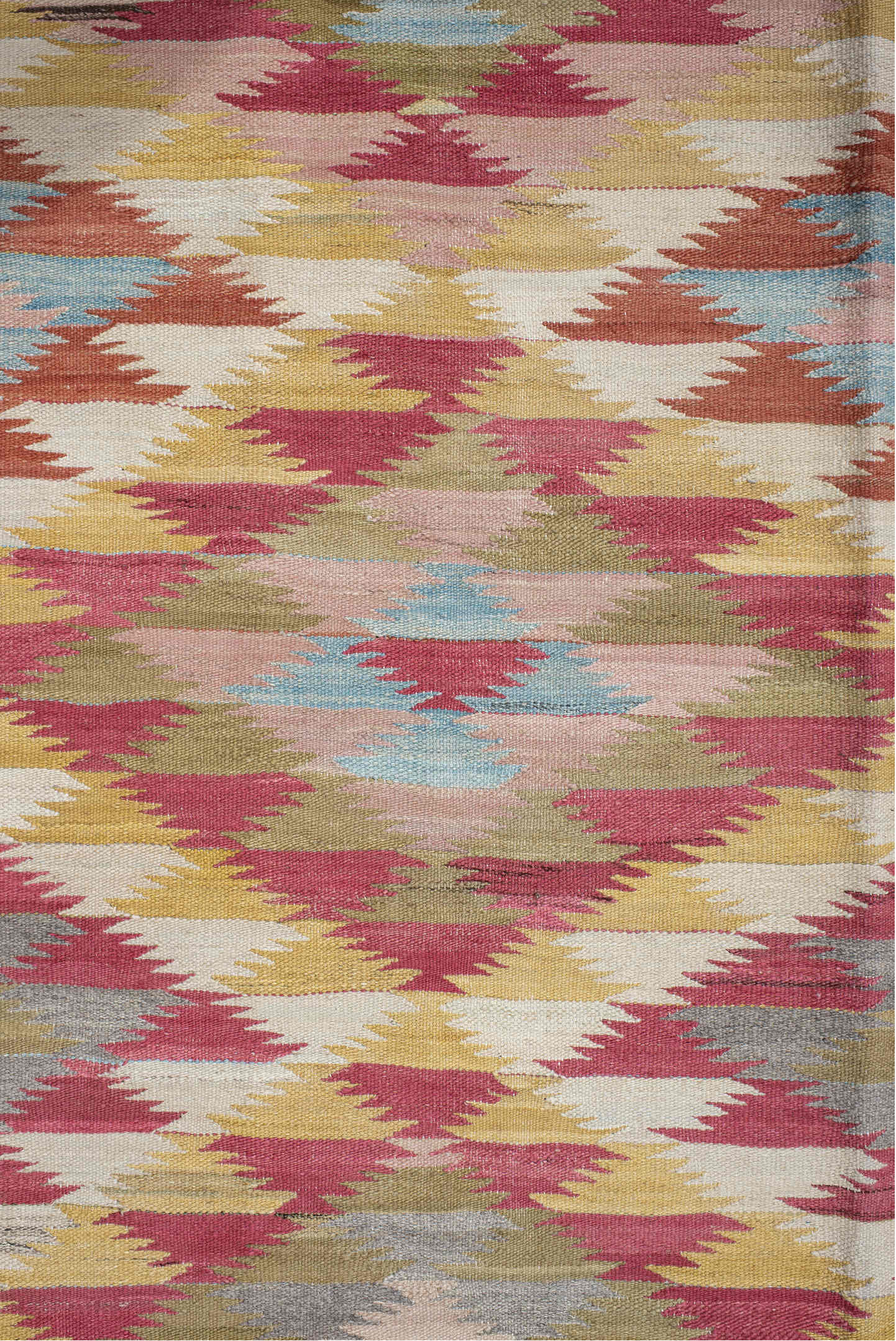 3' x 10' one-of-a-kind handmade vintage Kilim runner rug. Color palette: ivory, rose, olive, sky_blue, rust, taupe, gold