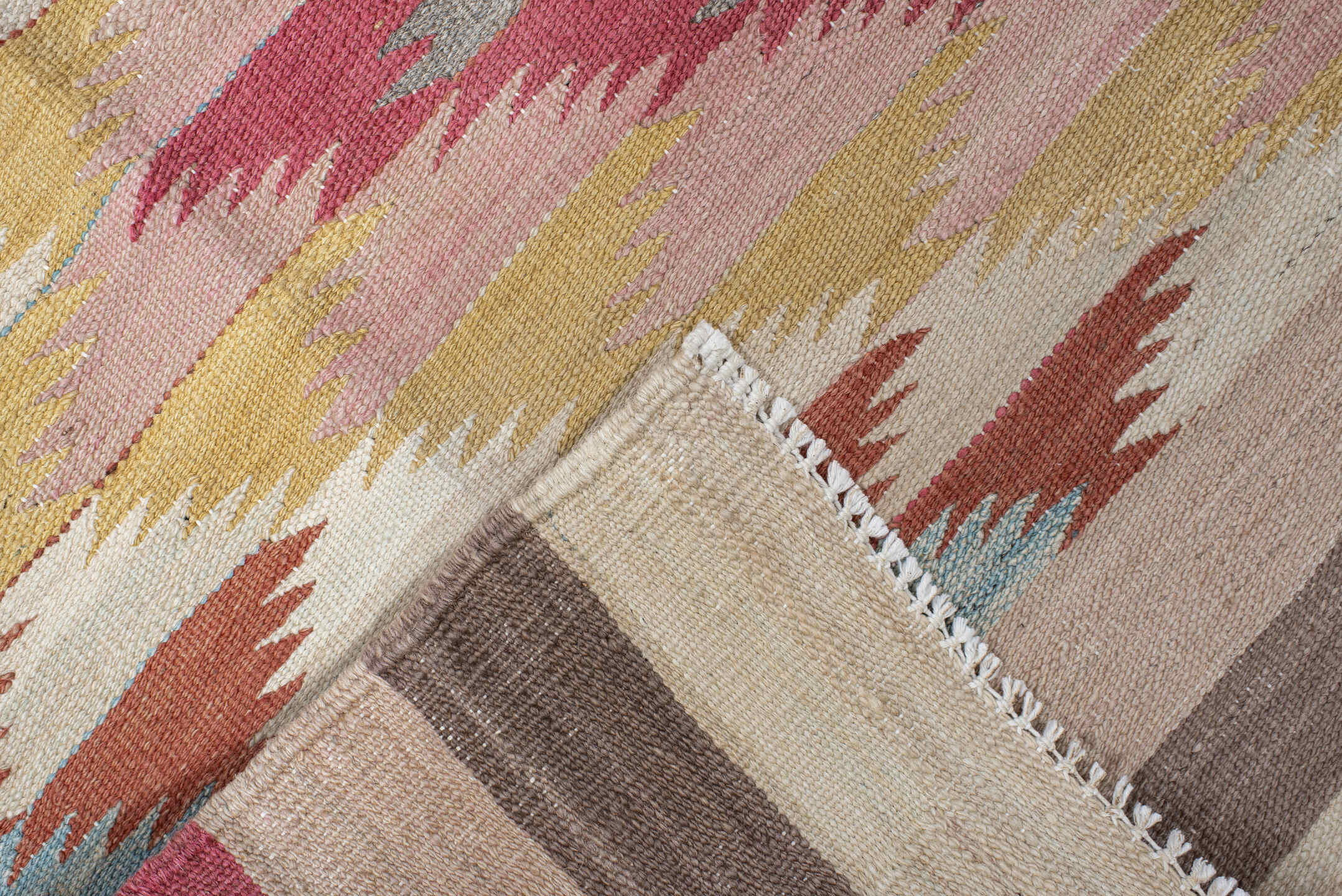 3' x 10' one-of-a-kind handmade vintage Kilim runner rug. Color palette: ivory, rose, olive, sky_blue, rust, taupe, gold